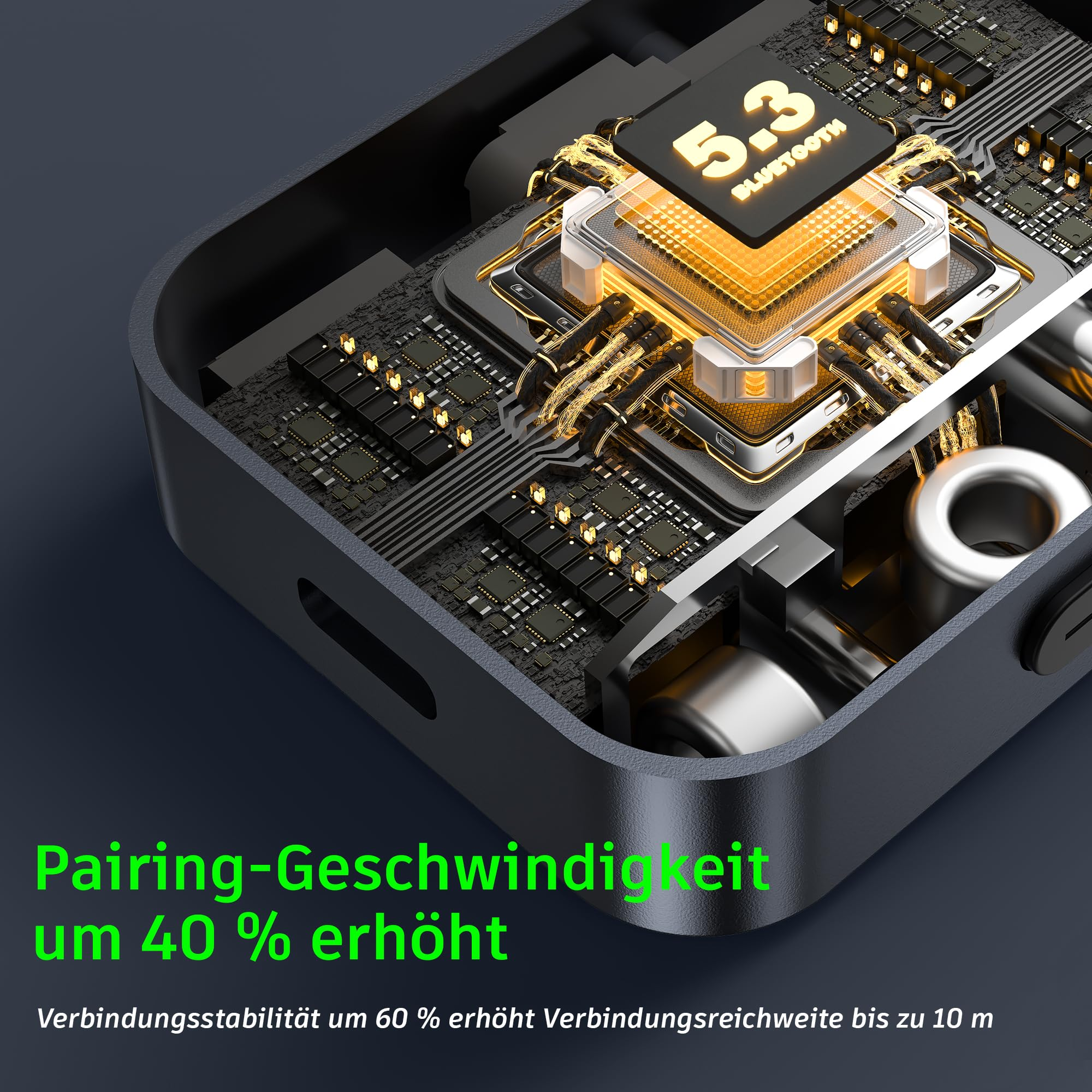 Nahaufnahme der internen Komponenten eines schwarzen elektronischen Geräts mit Text zu Bluetooth 5.3.