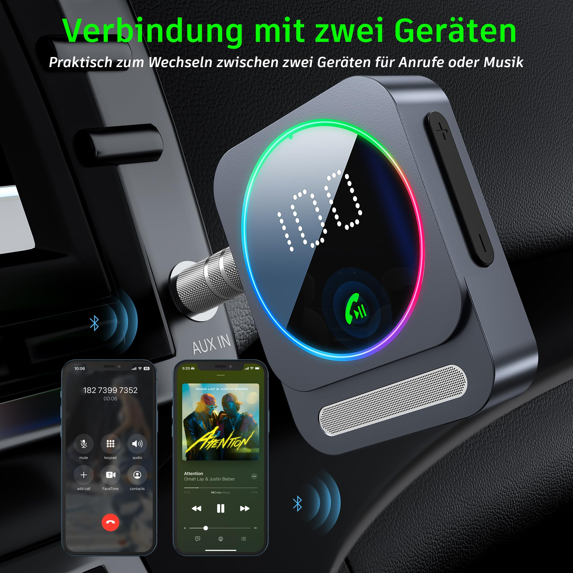 Graues Gerät mit einem Bildschirm, der '108' anzeigt, neben Telefonen mit Musik- und Anrufschnittstellen auf einem Armaturenbrett.