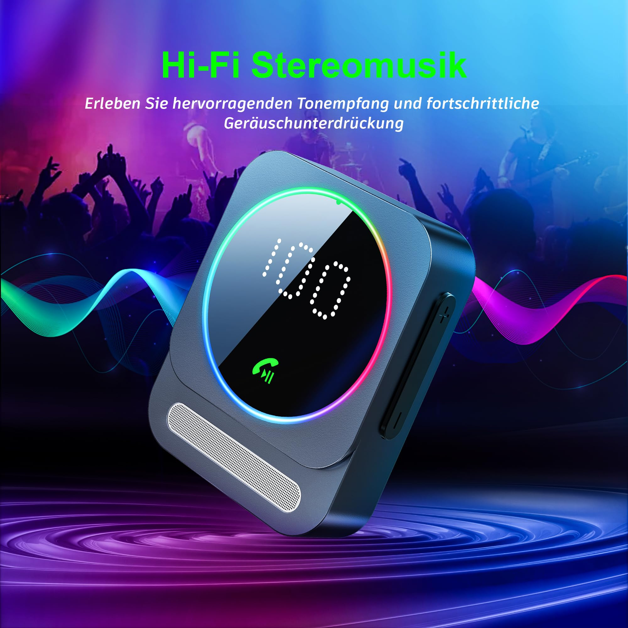 Ein Hi-Fi-Stereomusikgerät mit Bildschirm und Knöpfen. Der Hintergrund zeigt eine Silhouette einer Menschenmenge mit bunten Lichtern.