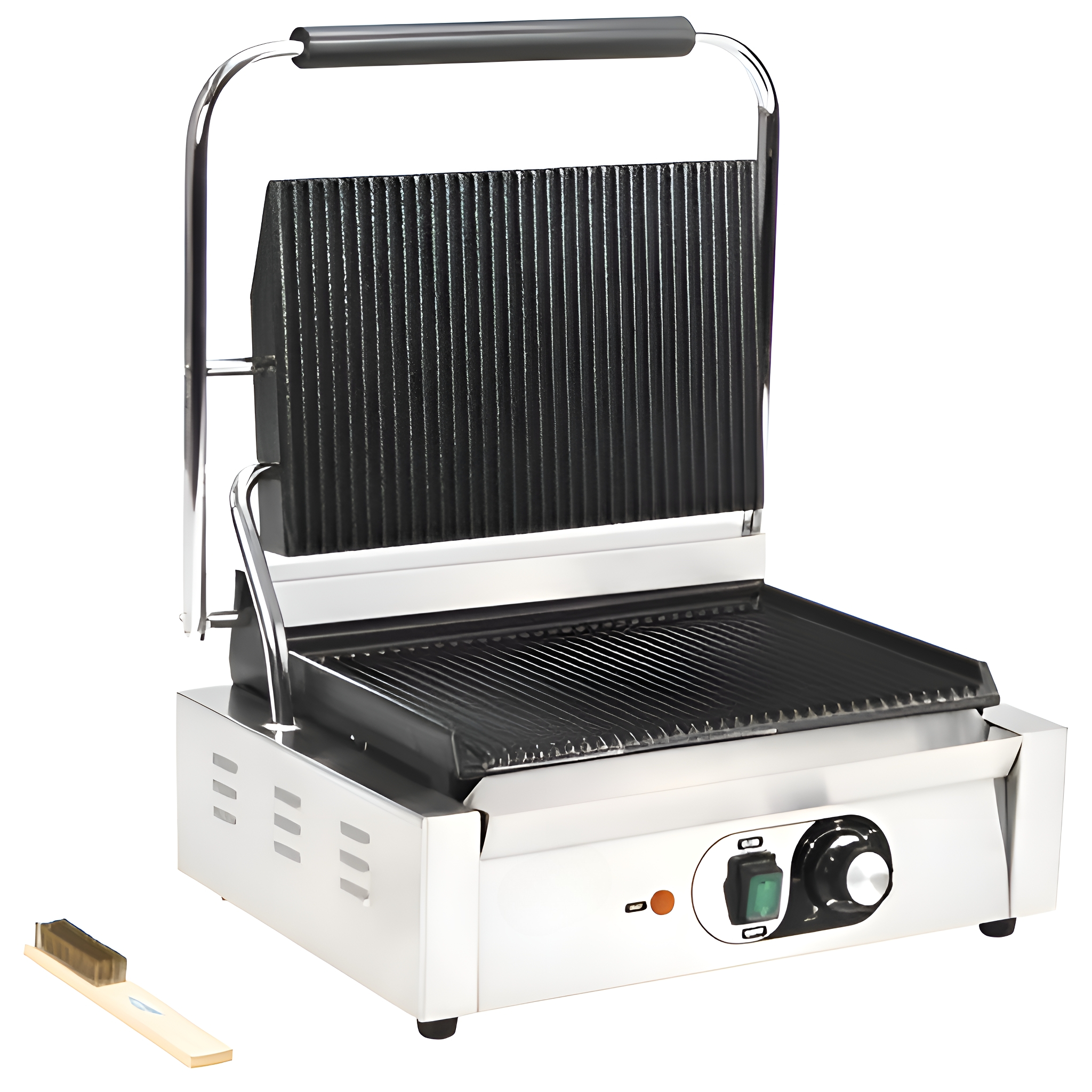 Gewerblicher Kontaktgrill. Edelstahl mit schwarzen Grillplatten.