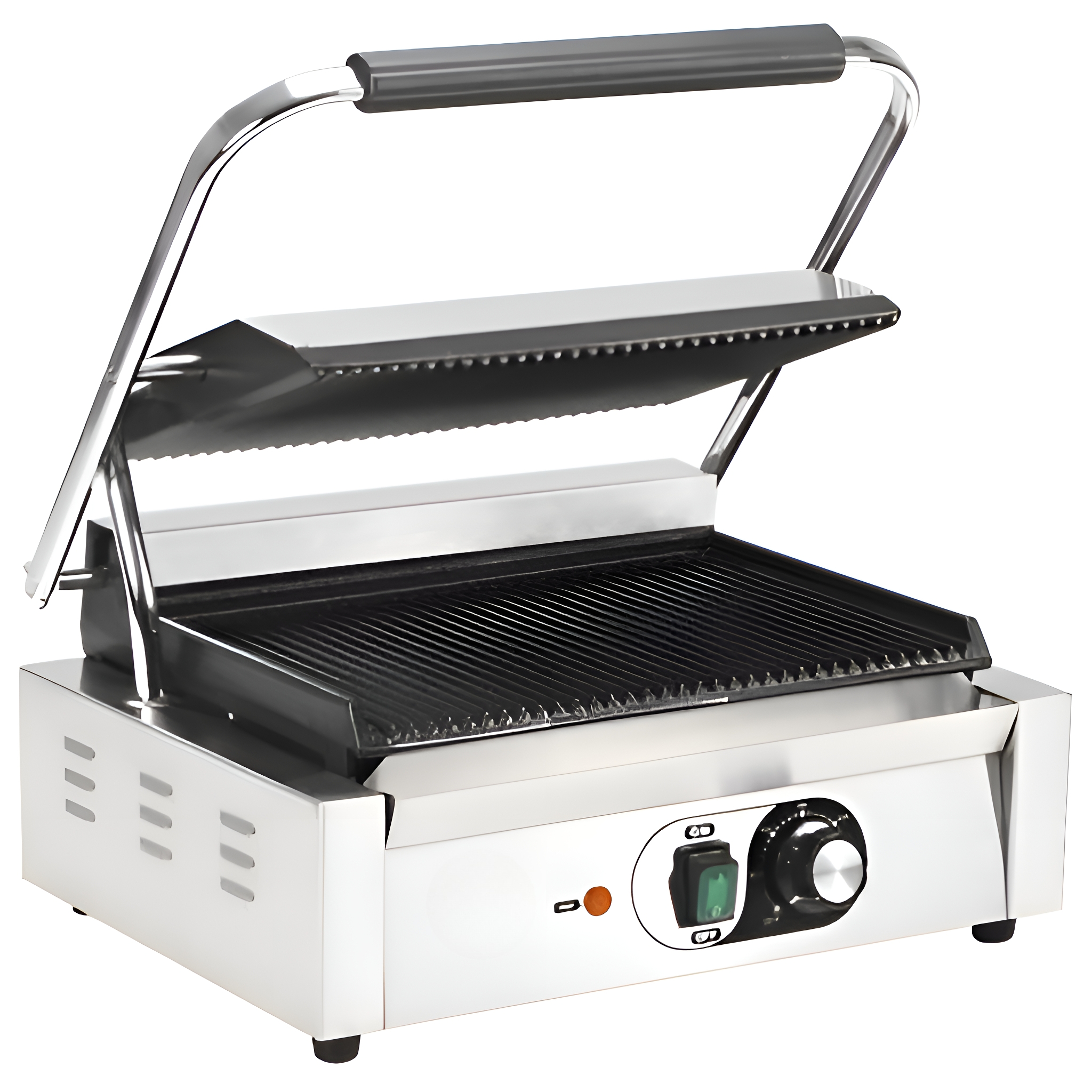 Panini-Grill aus Edelstahl. Offen, mit Griff. Mit Temperaturregler und Ein-/Ausschalter mit Licht.