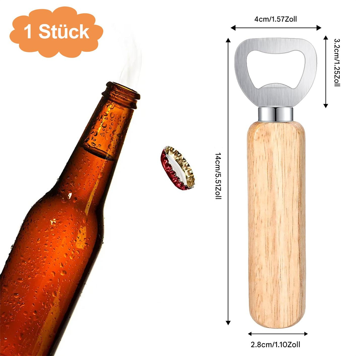 Flaschenöffner mit Holzgriff, neben einer Bierflasche und einem Flaschenverschluss.