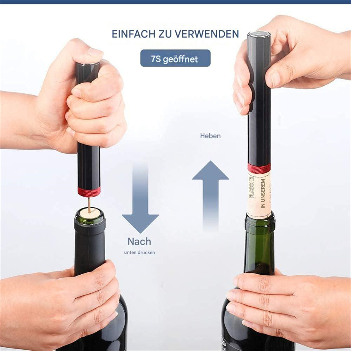 Eine Person benutzt einen Weinflaschenöffner. Das Bild zeigt die Aktionen zum Öffnen der Flasche.