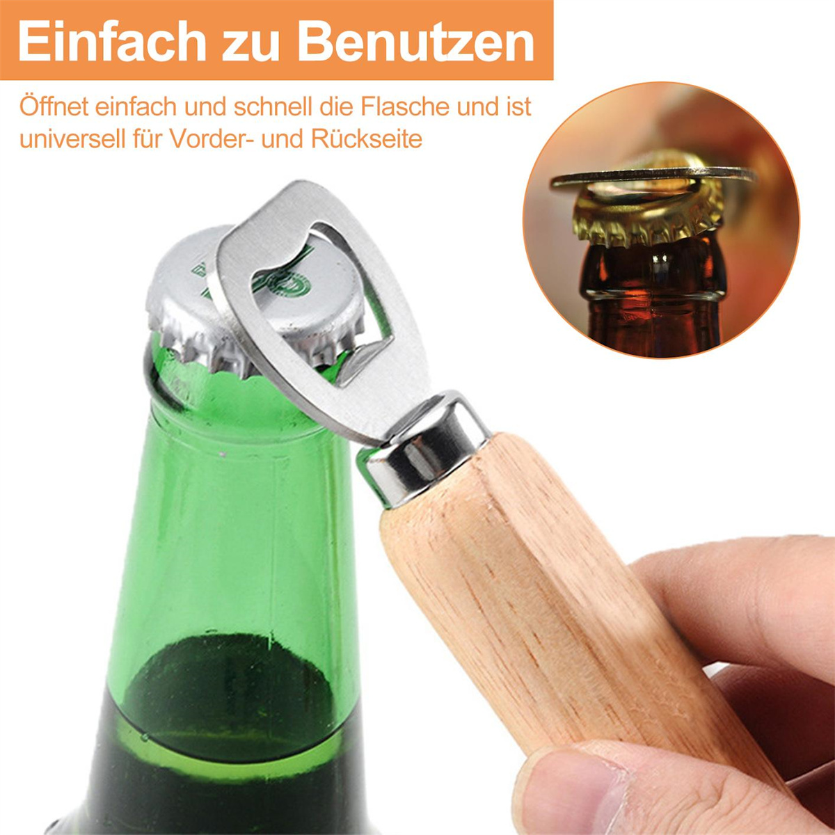 Eine Hand öffnet eine grüne Bierflasche mit einem Flaschenöffner. Der Öffner ist aus Holz und Silber.