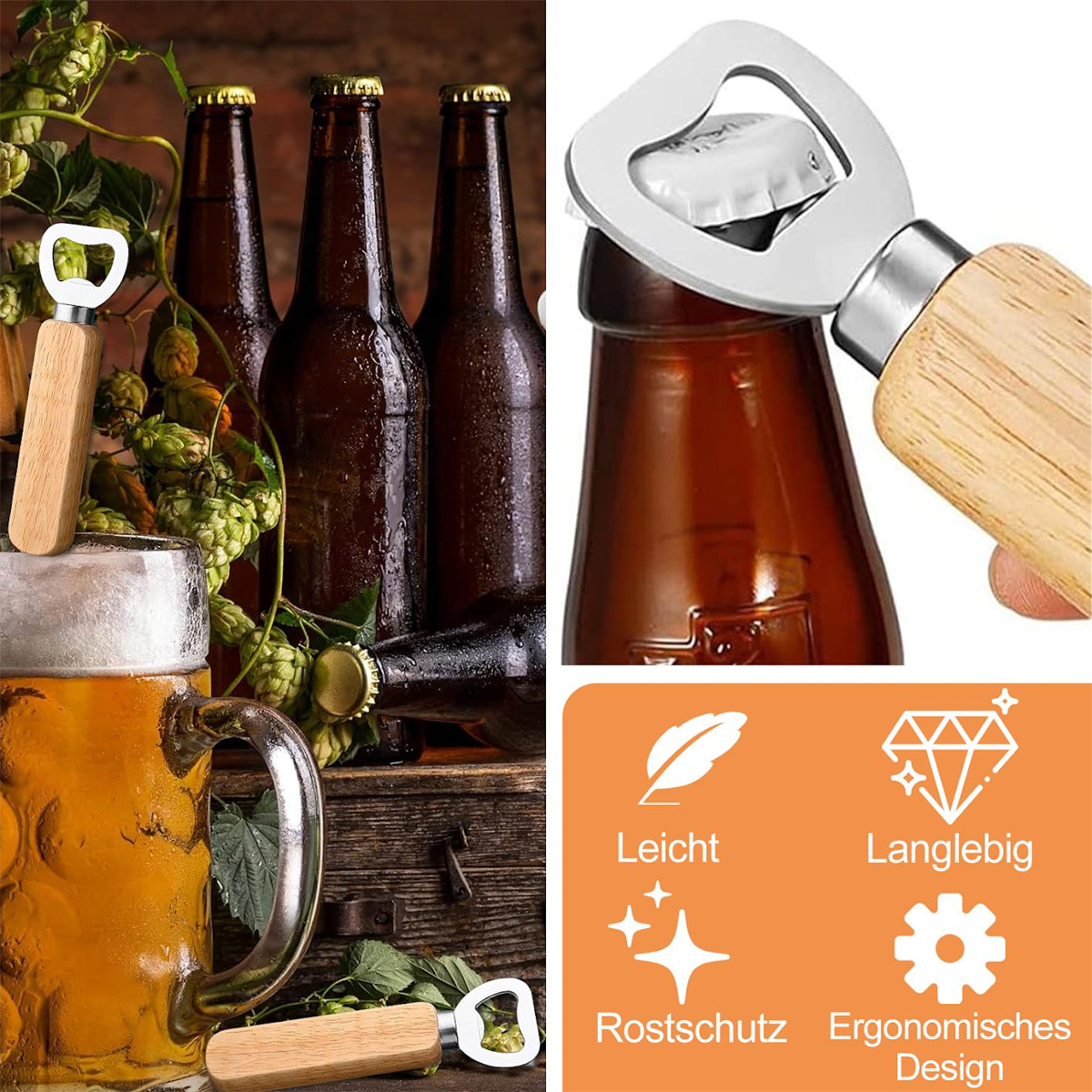 Ein Bierflaschenöffner mit Holzgriff, neben Bierflaschen und Bier. Deutscher Text ist sichtbar.