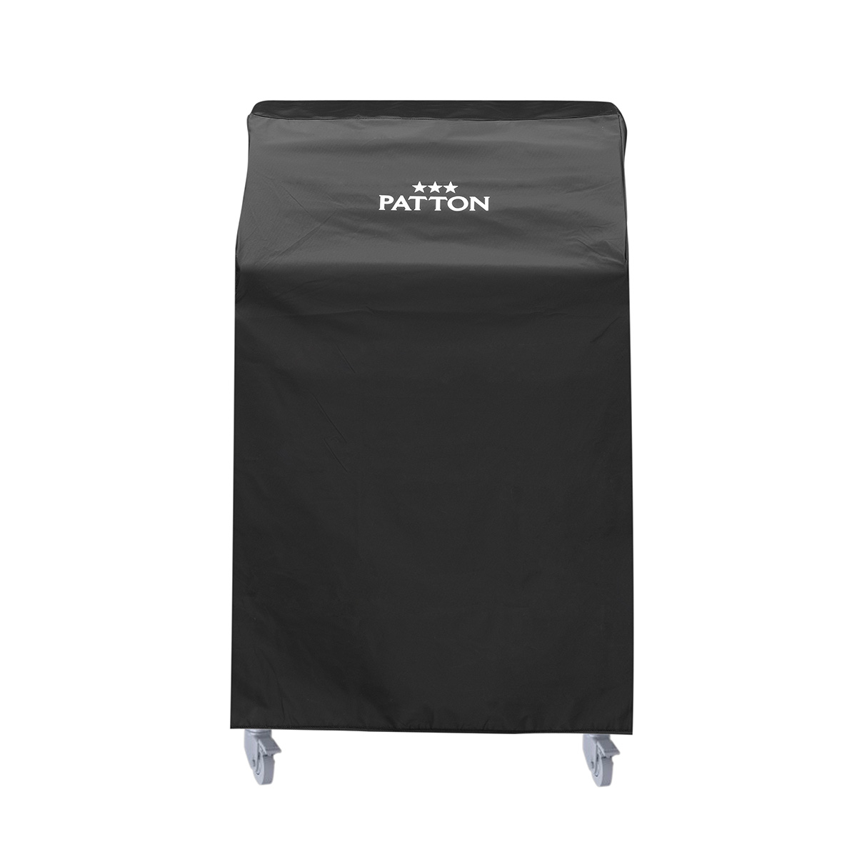 Zwarte buiten bbq hoes met het woord PATTON erop.