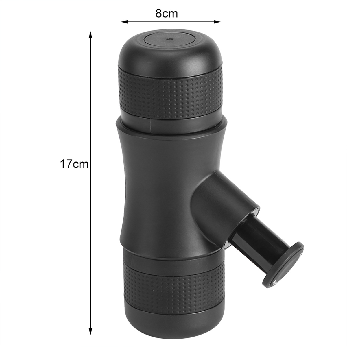 Schwarzer tragbarer Espressomaschine. Es hat einen zylindrischen Körper und einen Griff. Es ist 17 cm hoch und 8 cm breit.