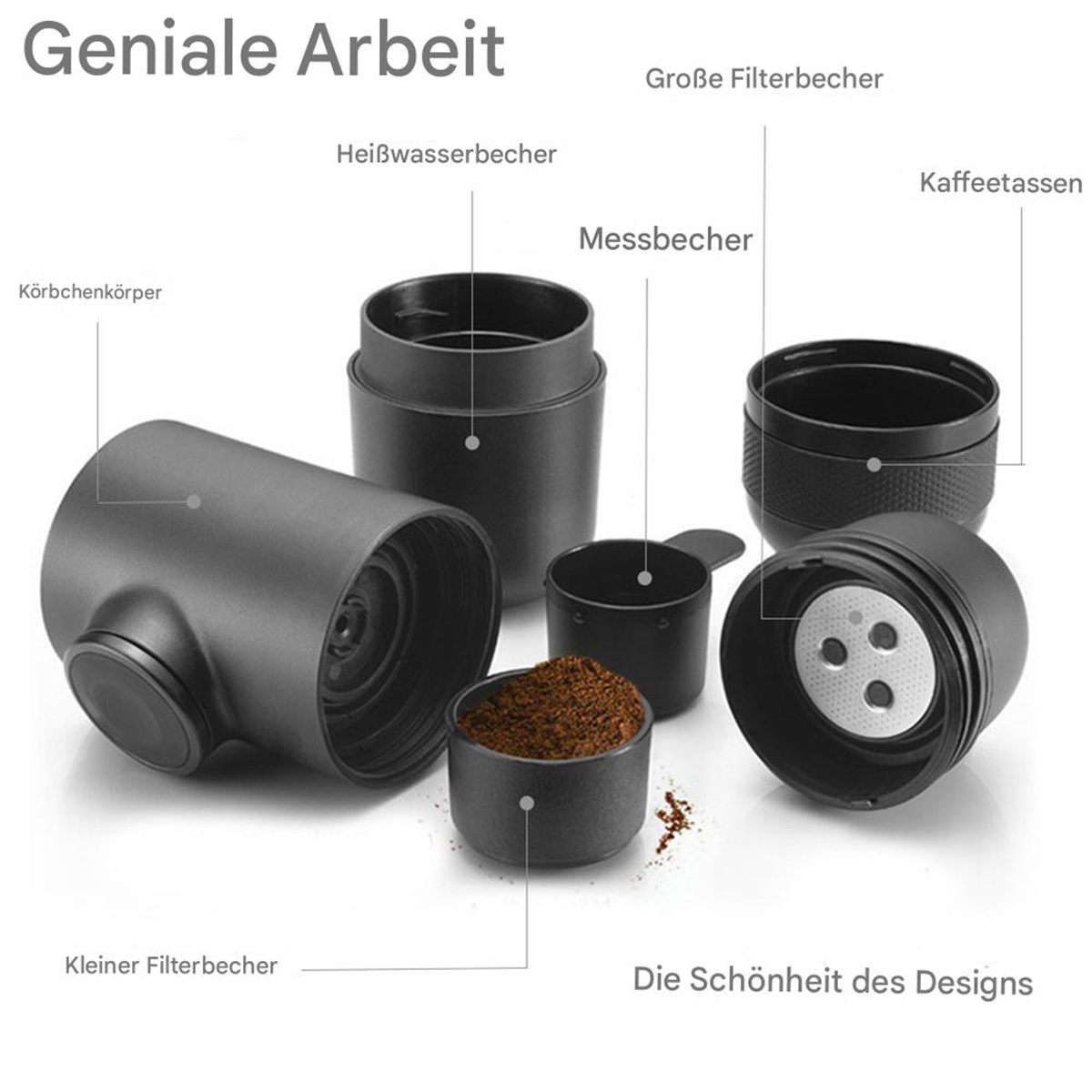Zerlegte Kaffeemaschinenkomponenten. Schwarz, mit Kaffeepulver.