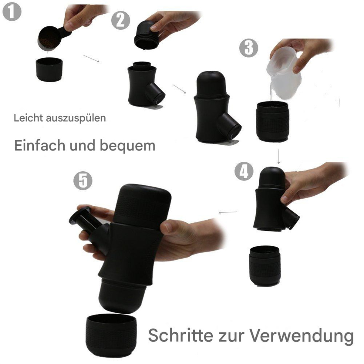 Schritte zur Verwendung eines schwarzen, tragbaren Espressobereiters, mit Komponenten und Aktionen.