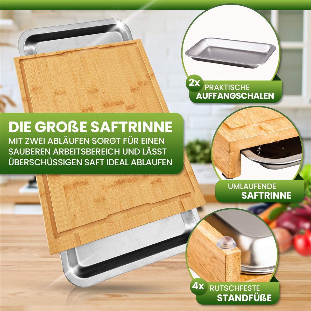Ein Holzschneidebrett mit einem Edelstahlblech, Gemüse und Text über die Eigenschaften des Bretts.