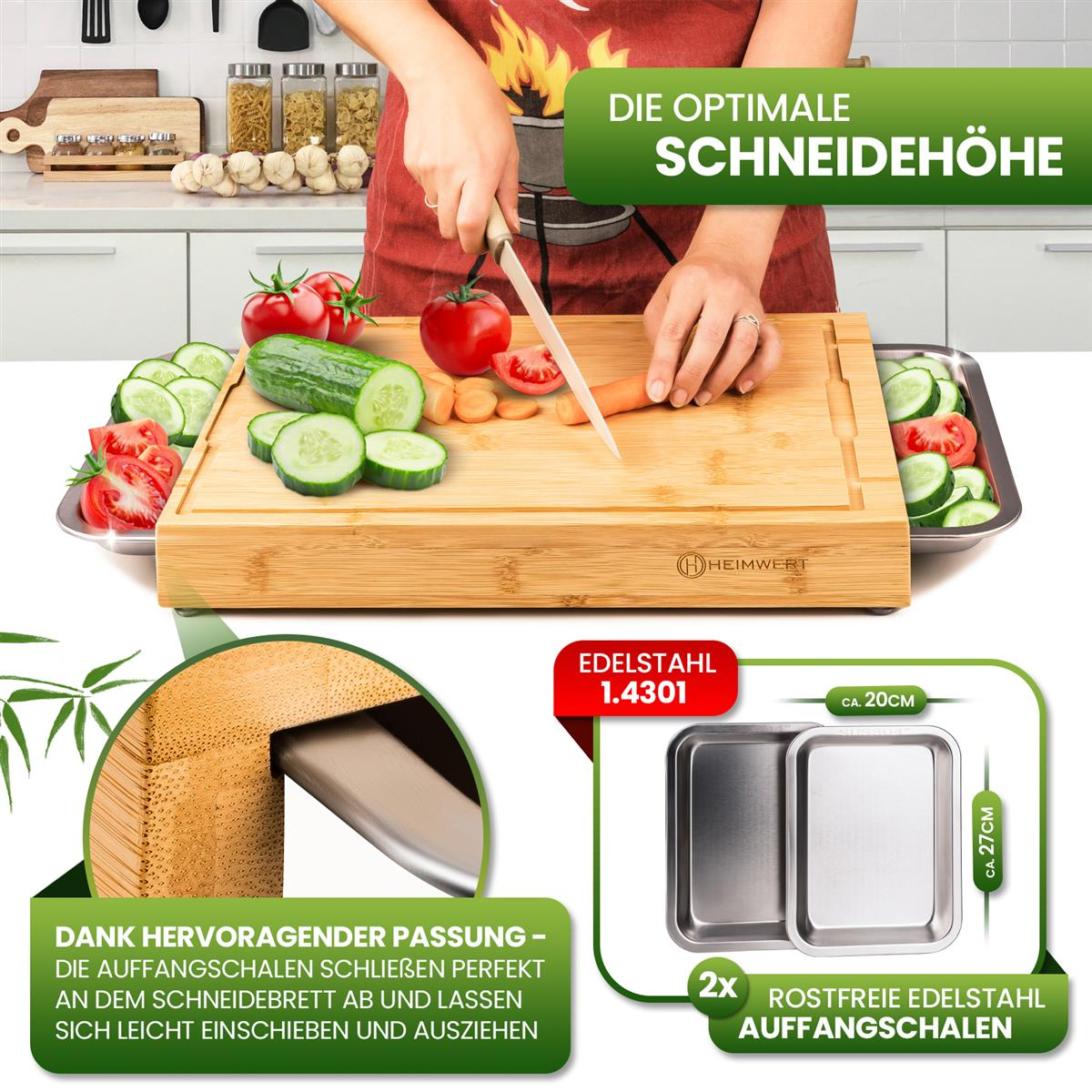 Eine Person schneidet eine Karotte auf einem Bambus-Schneidebrett. Tomaten, Gurken und Edelstahl-Tabletts sind in der Nähe.