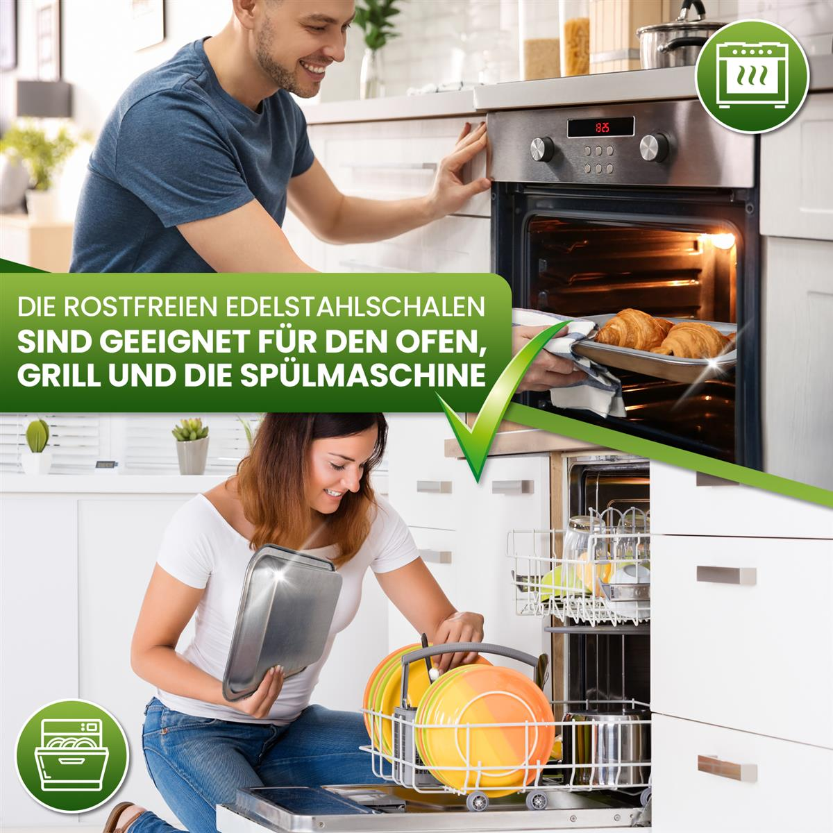 Leute in der Küche. Frau legt Teller in die Spülmaschine. Mann benutzt den Ofen. Text über Edelstahl.