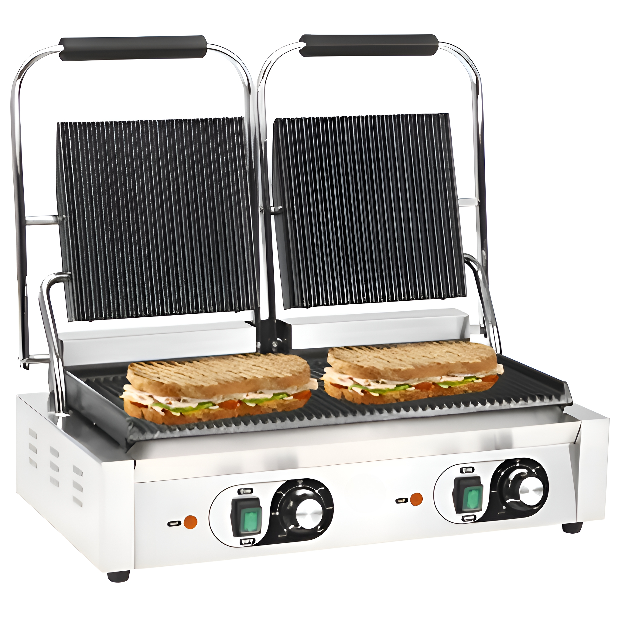 Gewerbliche Panini-Presse mit zwei Sandwiches darauf, servierfertig.
