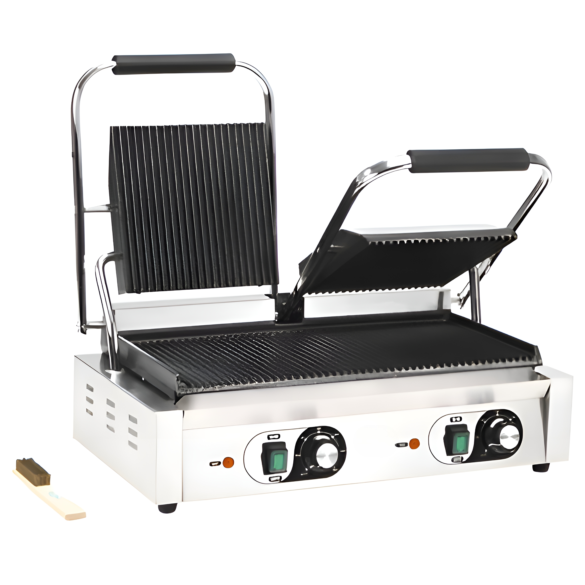 Ein Edelstahlgrill mit zwei Kochflächen. Zwei Knöpfe und zwei grüne Ein/Aus-Knöpfe sind sichtbar.