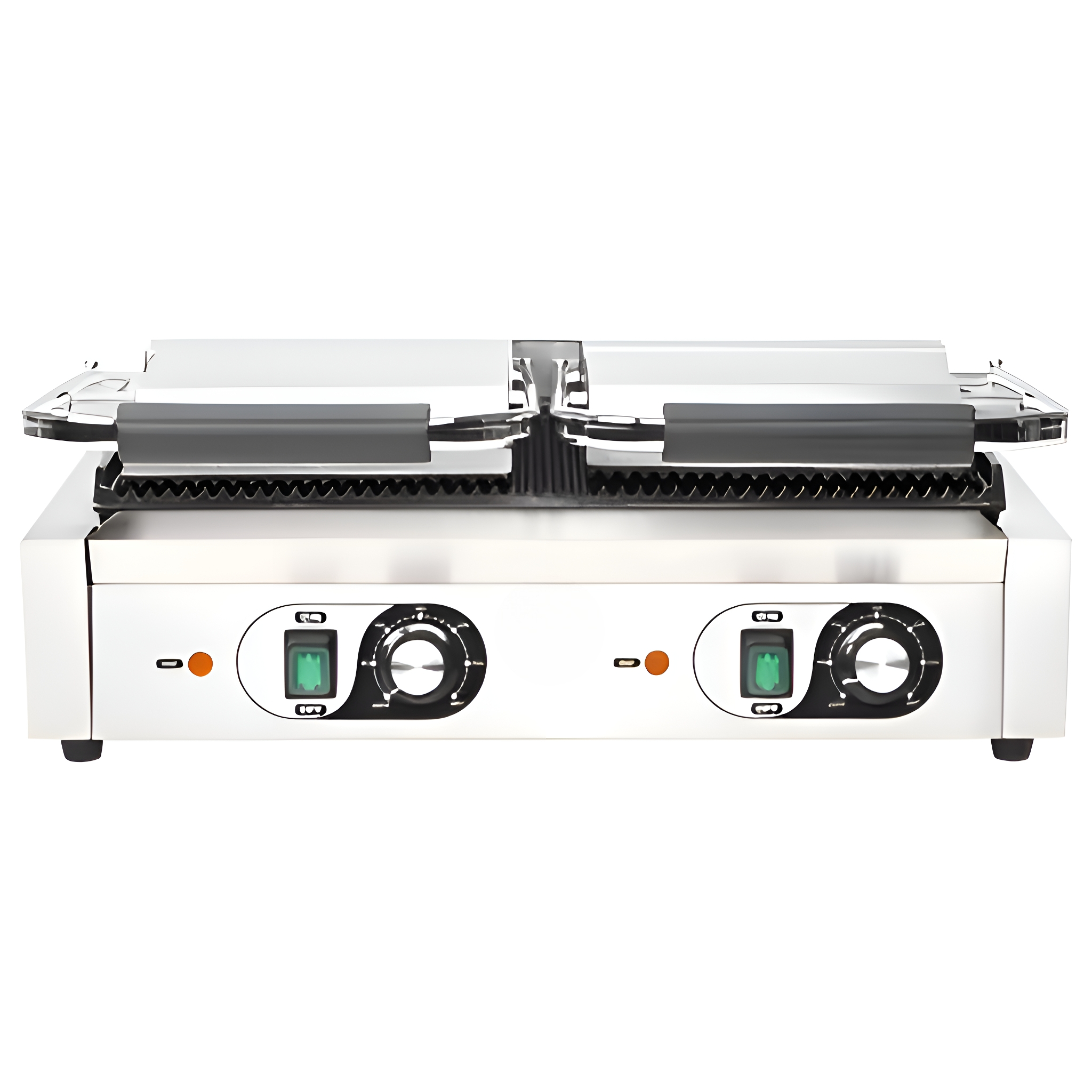 Ein silberner Elektrogrill mit zwei Heizflächen und Bedienknöpfen. Er steht auf einer weißen Oberfläche.