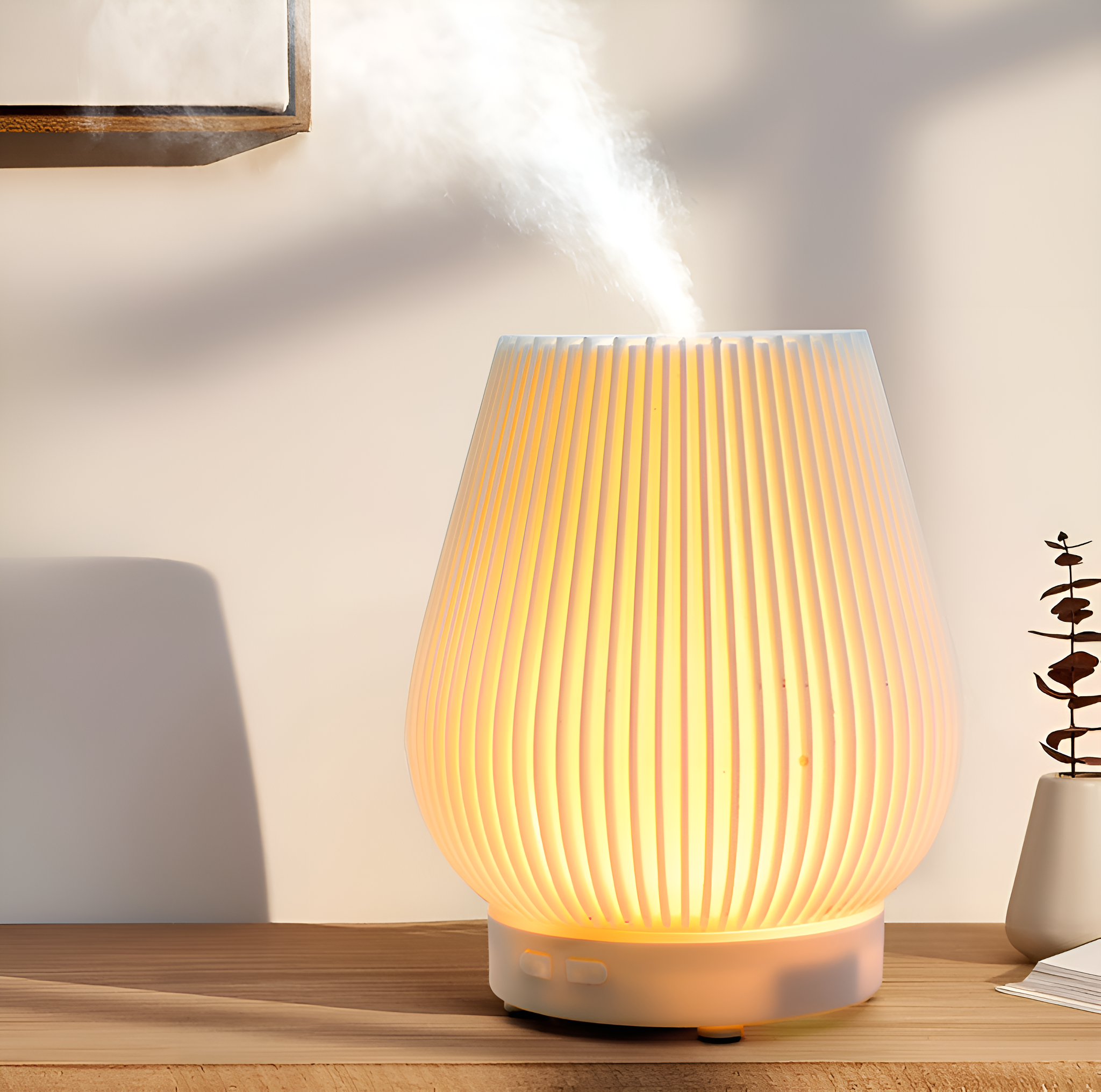 Weißer und beiger Luftbefeuchter auf einem Holztisch, mit leichtem Glanz und Dampf.