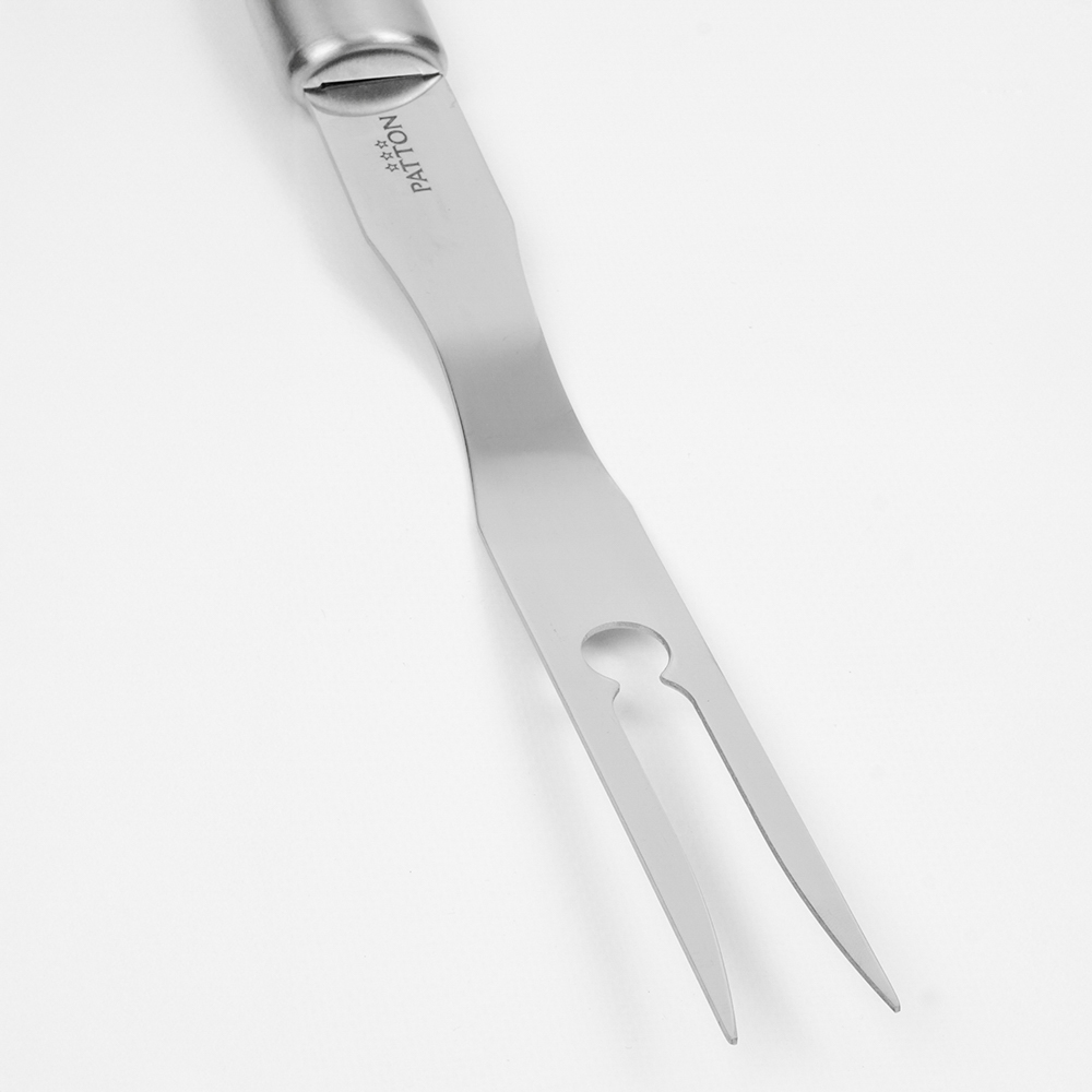 Silver, stainless steel carving fork. The handle has a logo.