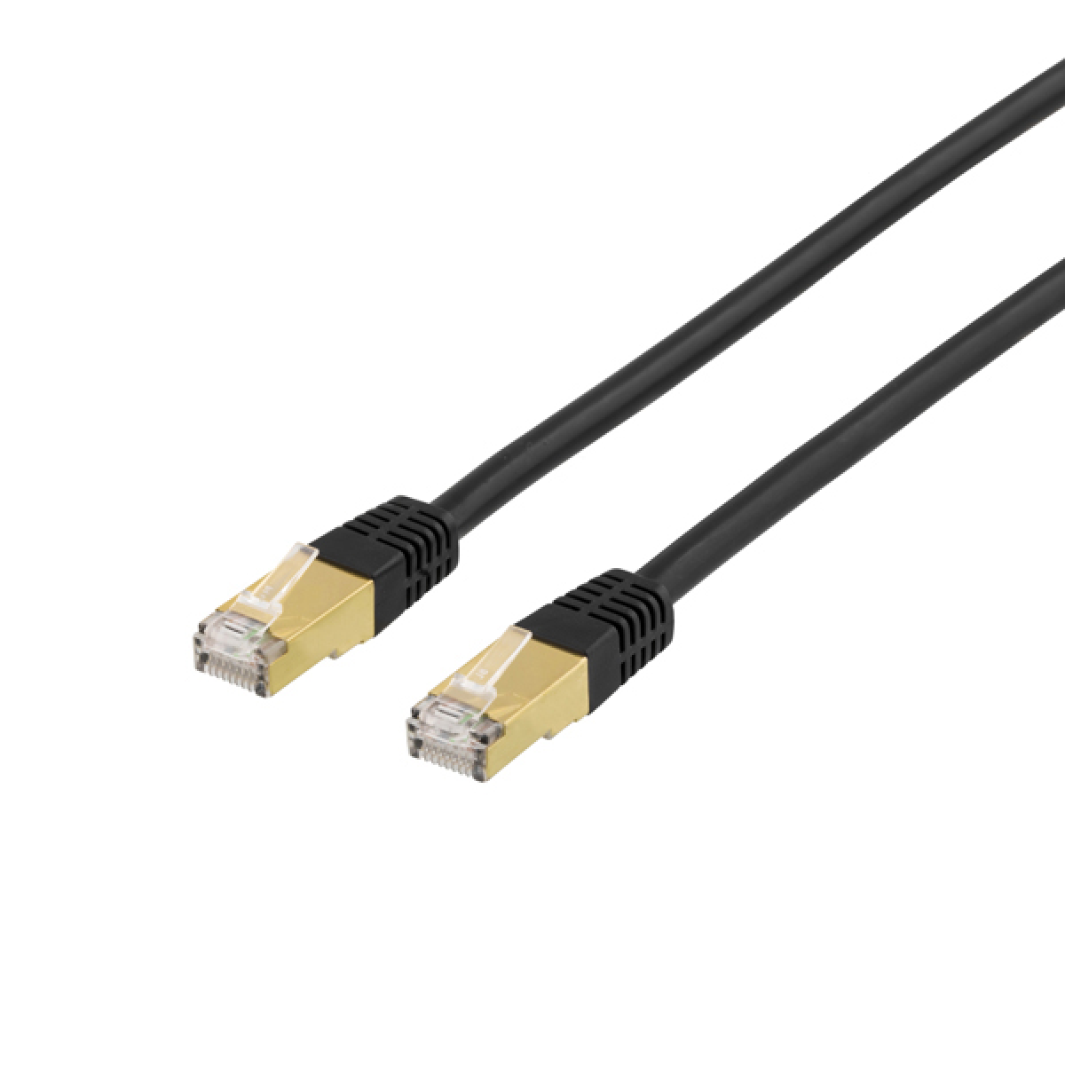 Due cavi Ethernet neri con connettori dorati. Sfondo bianco.