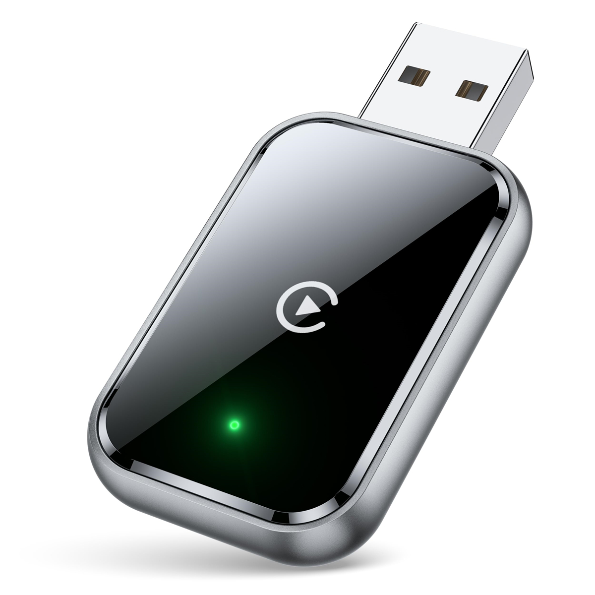 Ein silberner USB-zu-HDMI-Adapter mit grünem Licht.