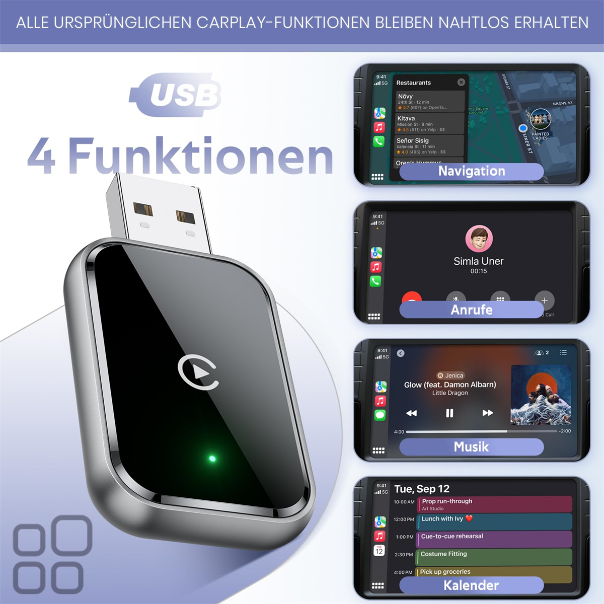 USB CarPlay Adapter zeigt mehrere Telefon-Displays mit Navigation, Musik und Kalender.