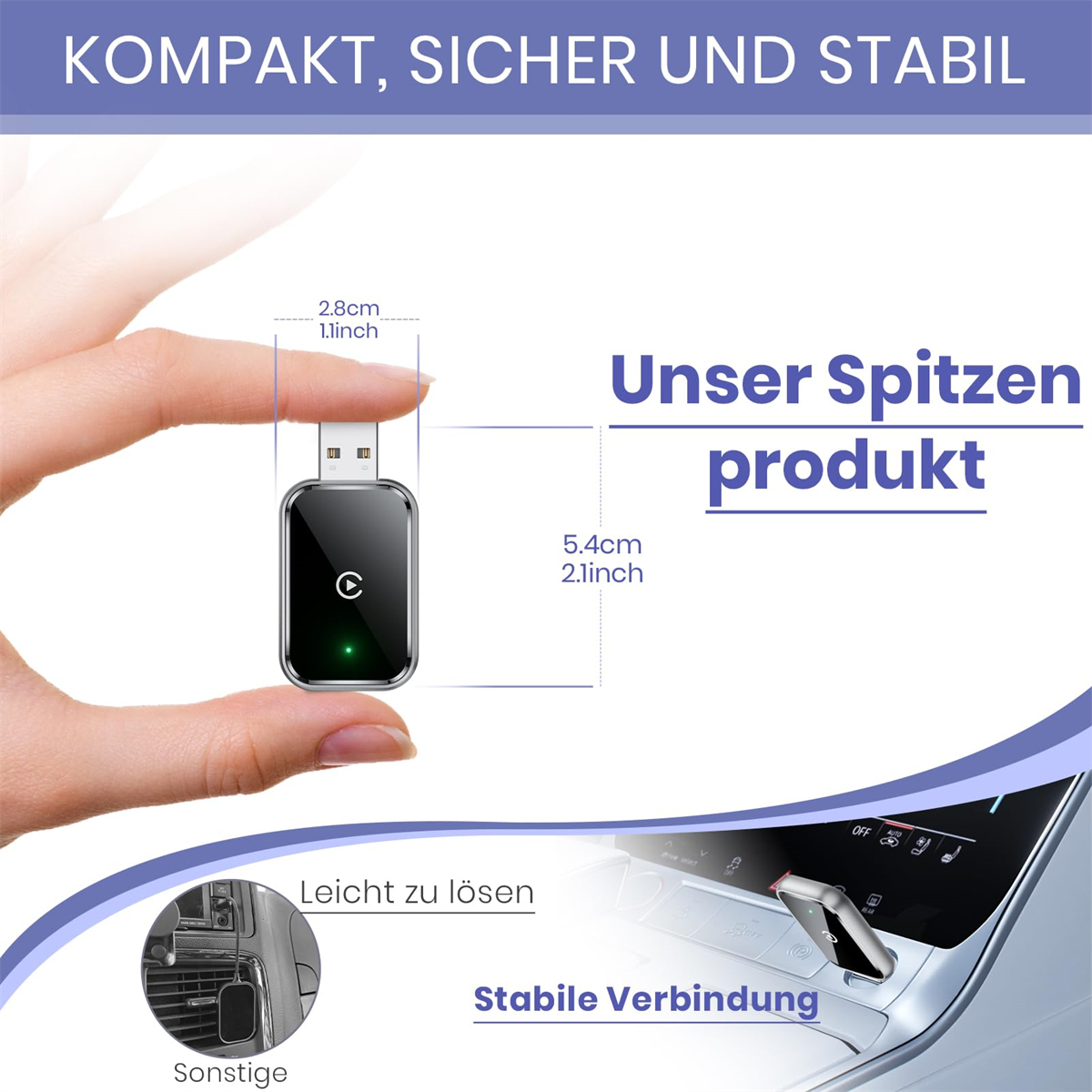 Ein kleiner schwarzer USB-Adapter, gehalten von einer Hand, mit Text und Abmessungen.