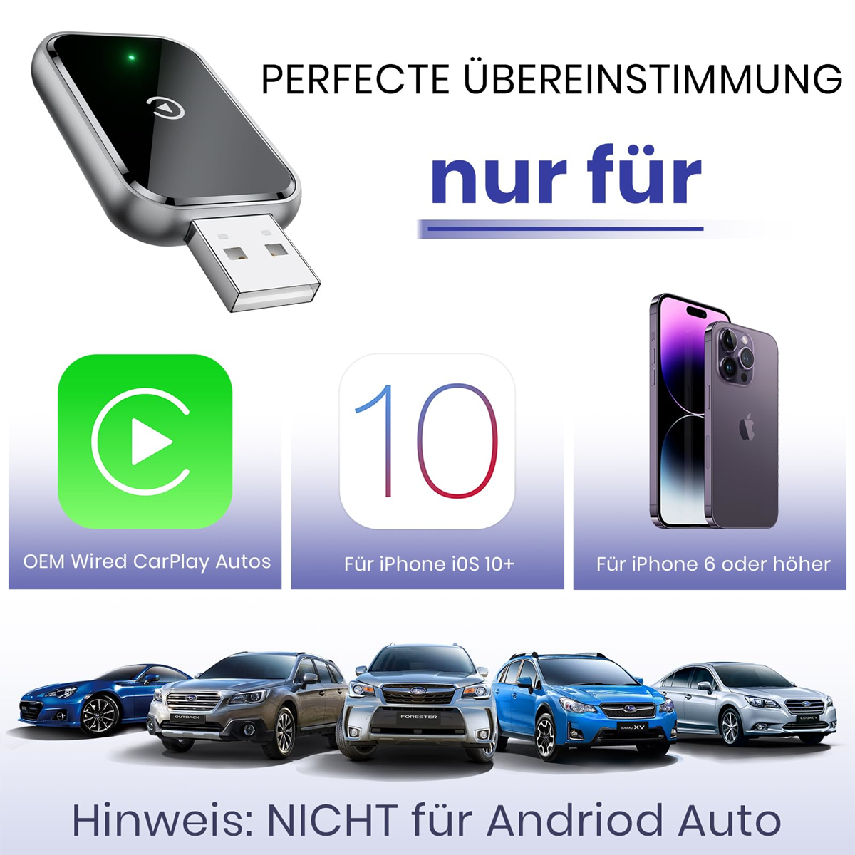 USB-Adapter mit Auto- und Telefonillustrationen. Text: "OEM Wired CarPlay Autos" und "For iPhone".