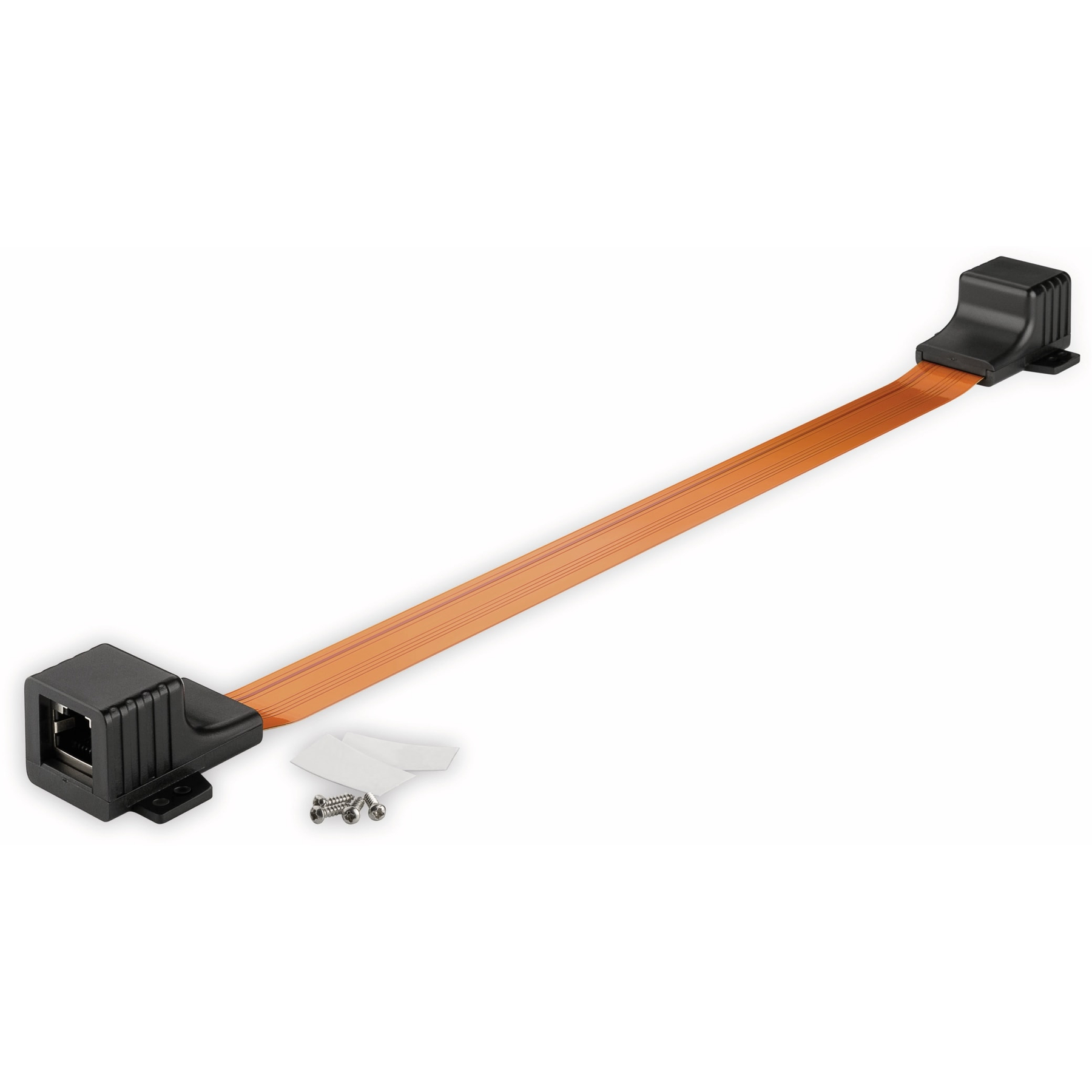 Cavo a nastro arancione con connettori e un piccolo set di viti, isolato su sfondo bianco.