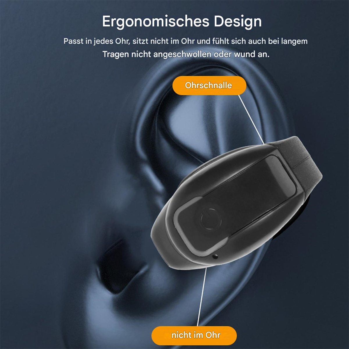 Schwarzer Ohrhörer im Ohr, mit Text, der das ergonomische Design erklärt.