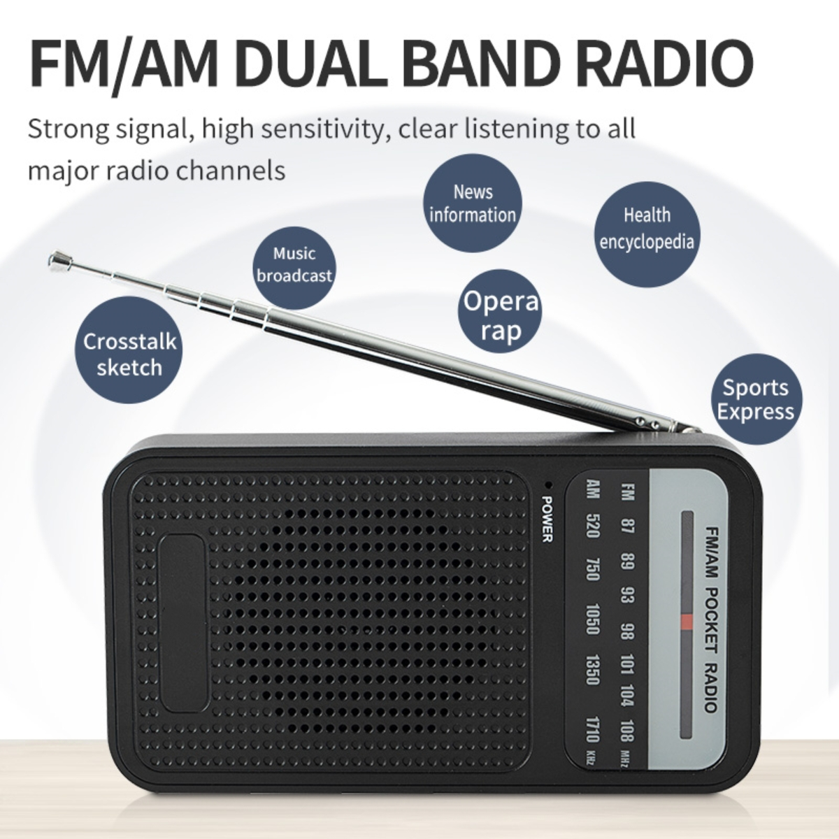 Schwarzes FM/AM Dualband-Radio mit Textblasen, die Radiokanalinformationen zeigen.