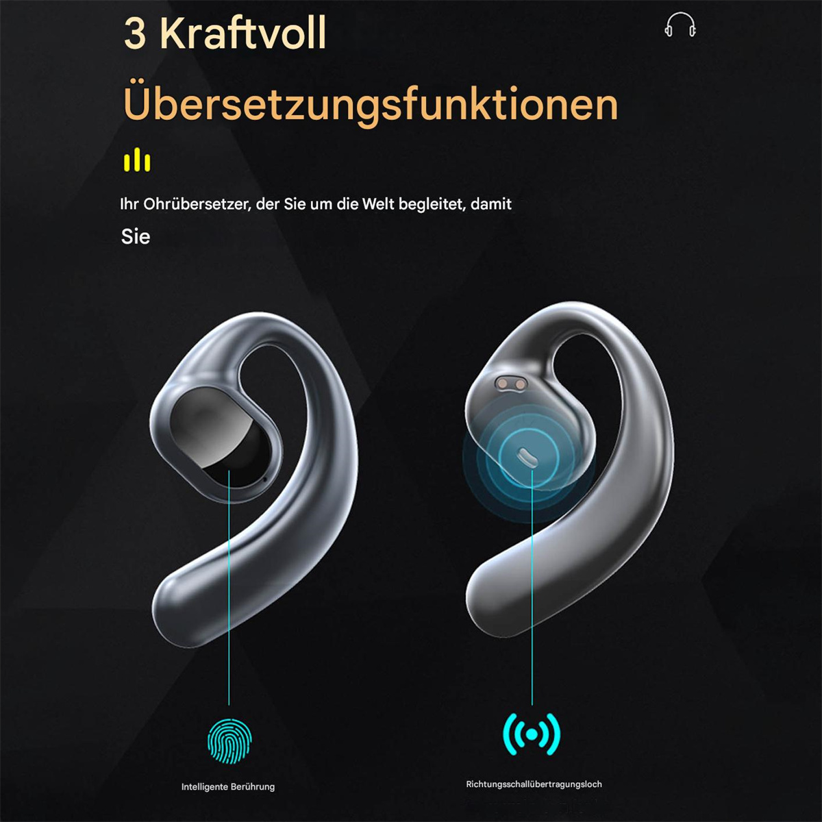 Zwei Ohrhörer-Geräte. Eines ist im Ohr einer Person, das andere zeigt interne Komponenten.