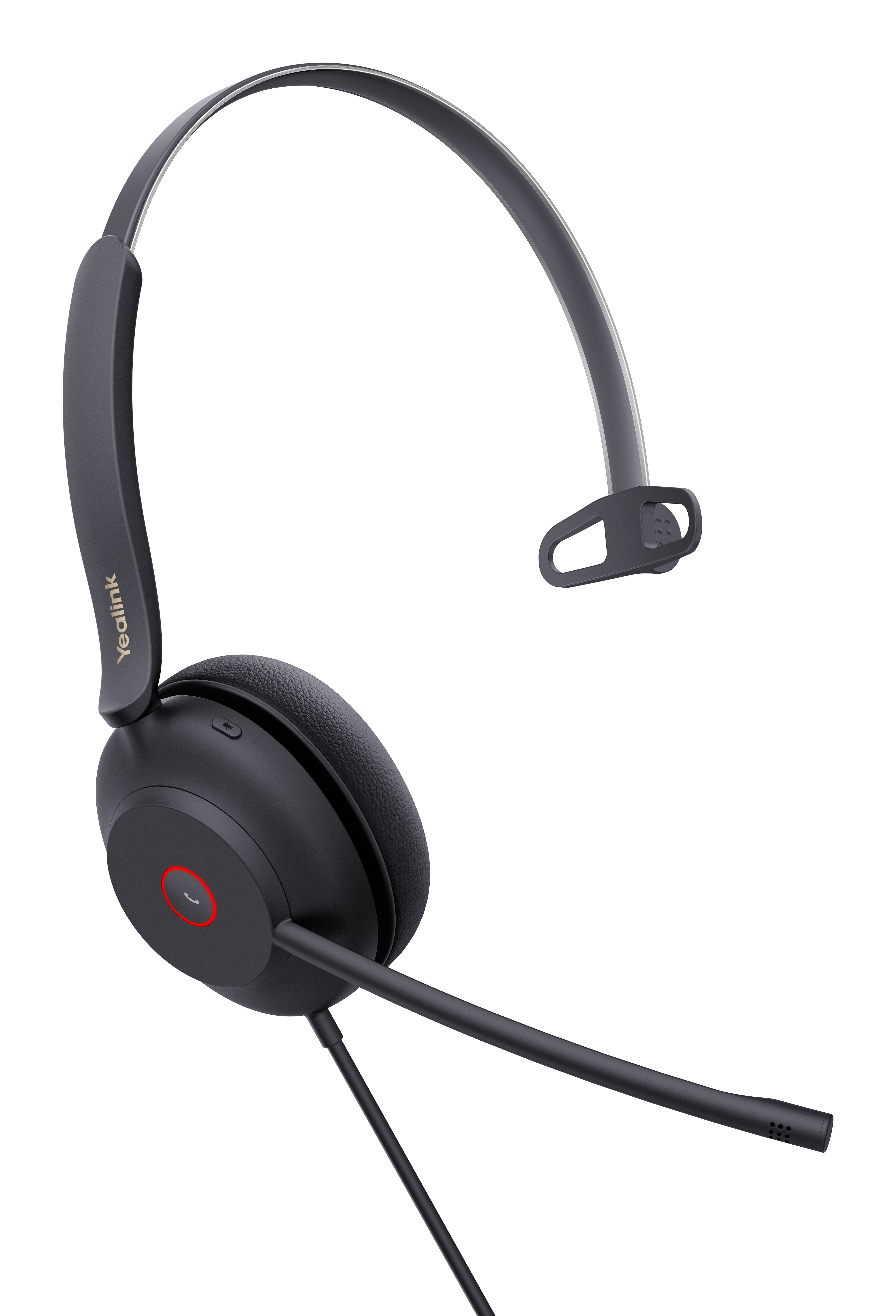 Una cuffia nera over-ear con microfono. La cuffia è su sfondo bianco.