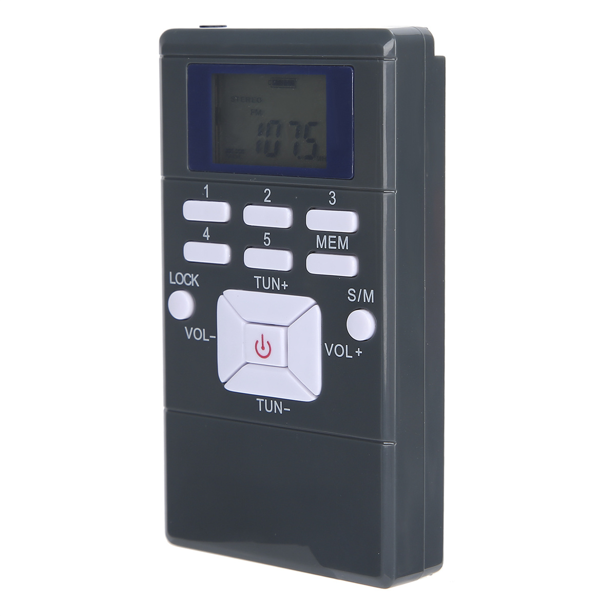 Dunkelgraues Digitalradio mit Knöpfen, Display und Ein-/Aus-Taste.