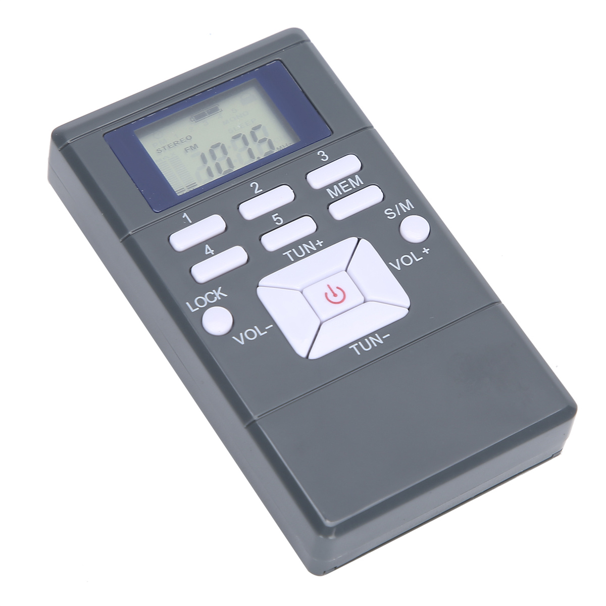 Graues Handradio mit Knöpfen und Bildschirm. Der Bildschirm zeigt Zahlen an. Knöpfe umfassen Strom, Lautstärke und Abstimmung.