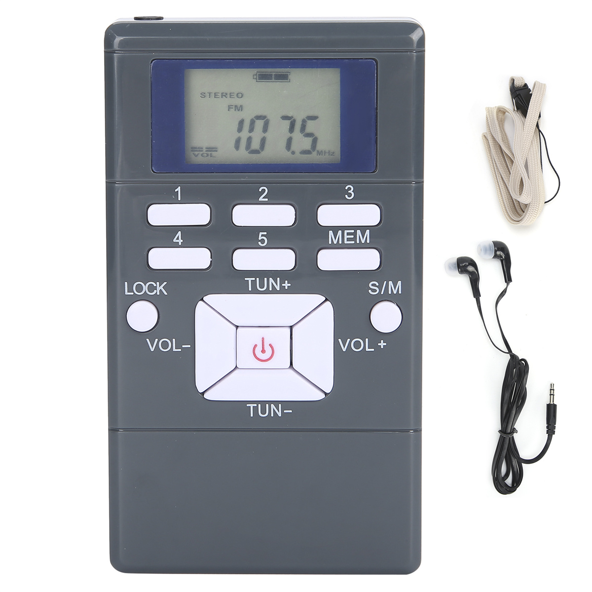 Graues tragbares FM-Radio mit Display und Knöpfen. Kopfhörer und Schlüsselband vorhanden.