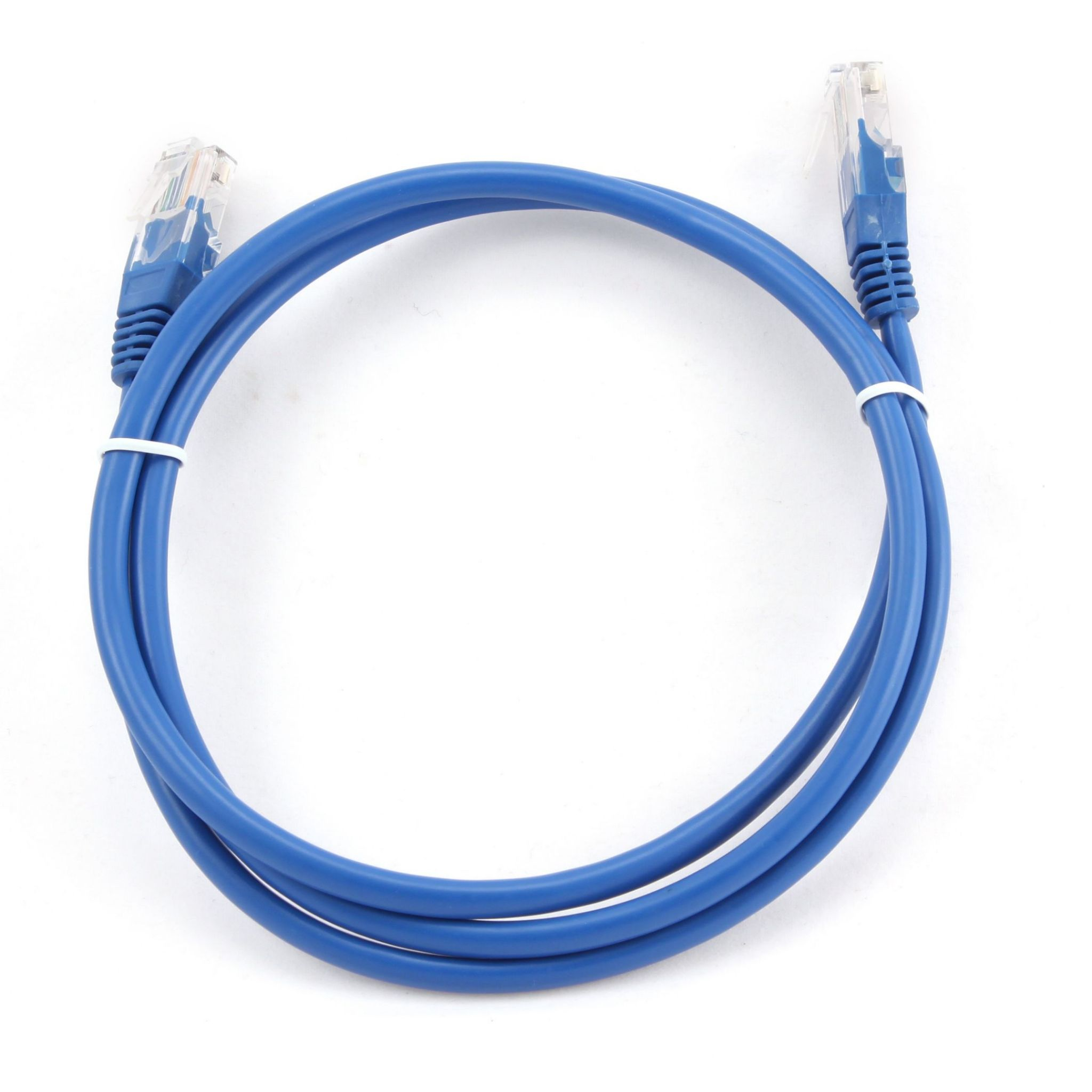 Een blauwe Ethernet-kabel. Eindigt met transparante connectoren. Witte achtergrond.