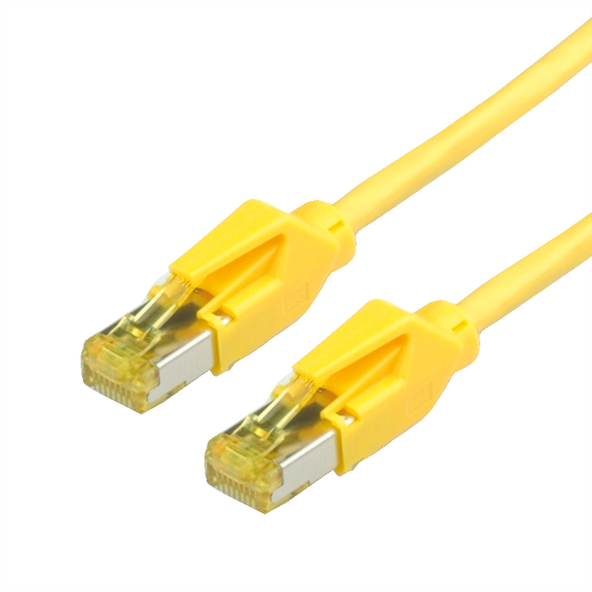 Due cavi Ethernet gialli con connettori. Sfondo bianco.