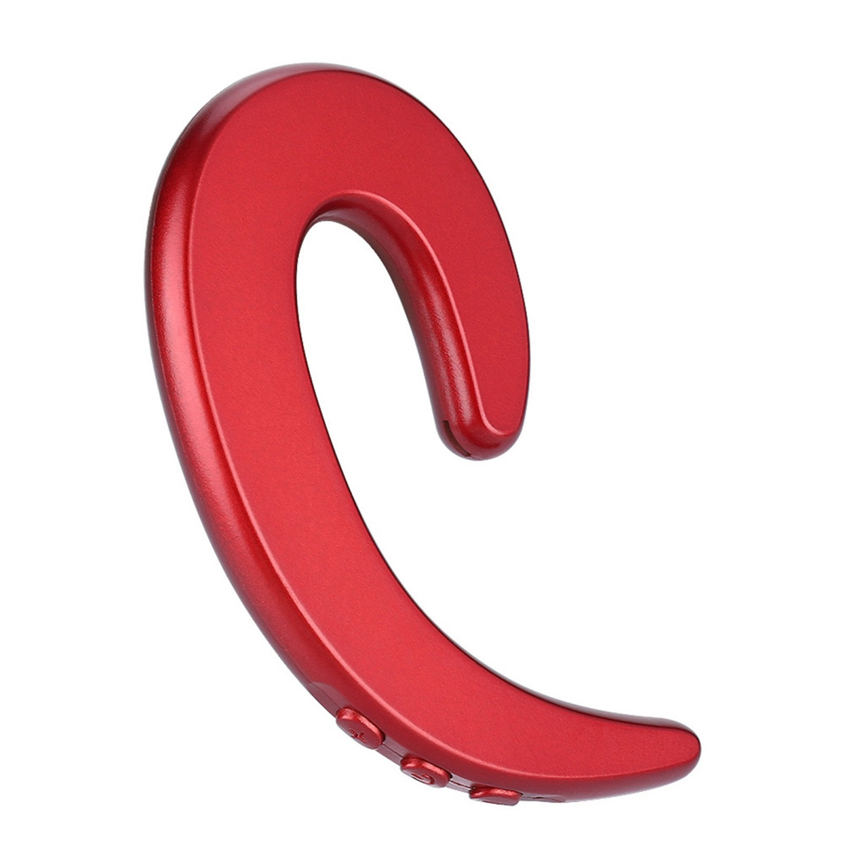 Ein roter kabelloser Kopfhörer, geschwungenes Design. Es ist auf weißem Hintergrund.