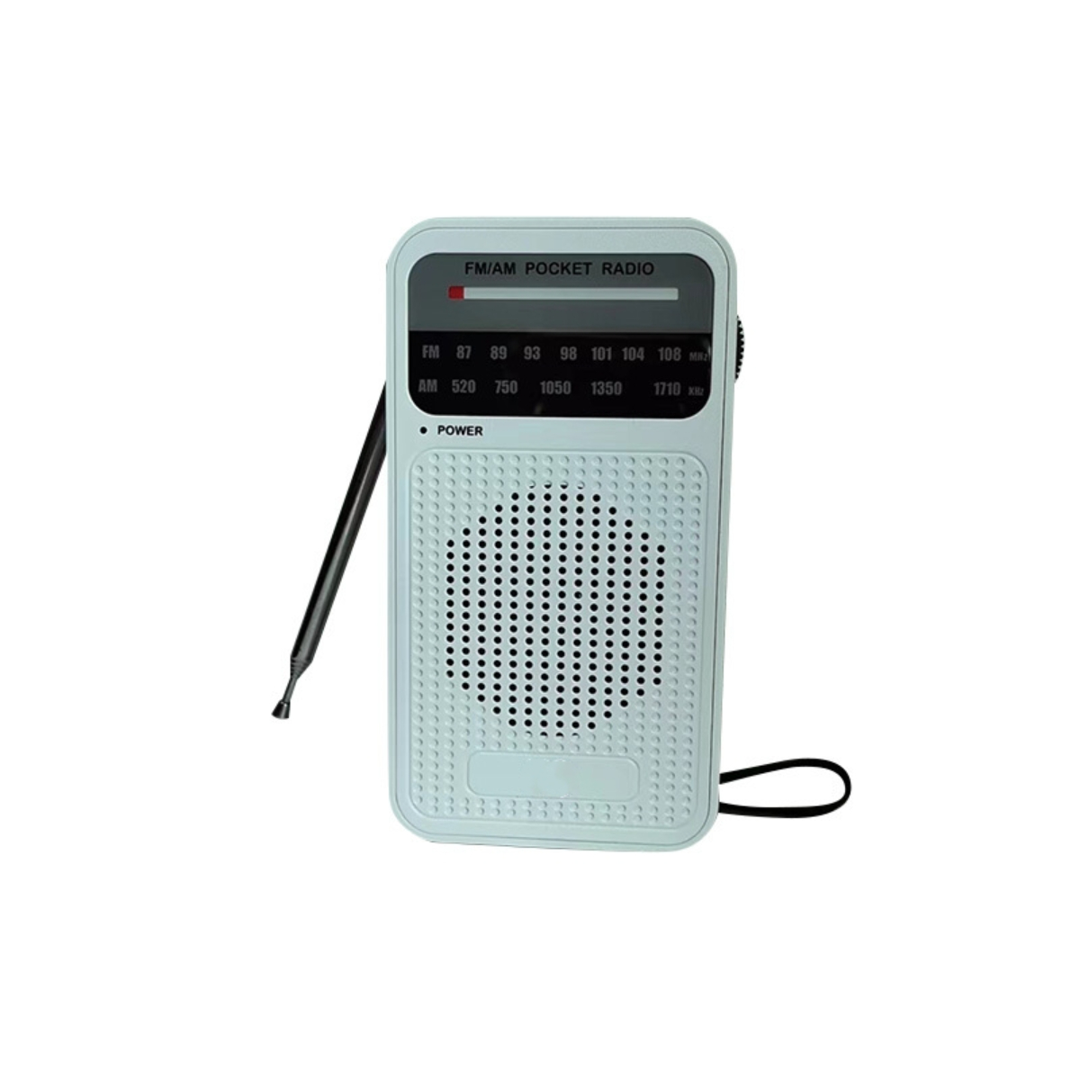 Ein hellblaues Taschenradio mit schwarzer Antenne und einem Drehknopf. Das Radio ist weiß.