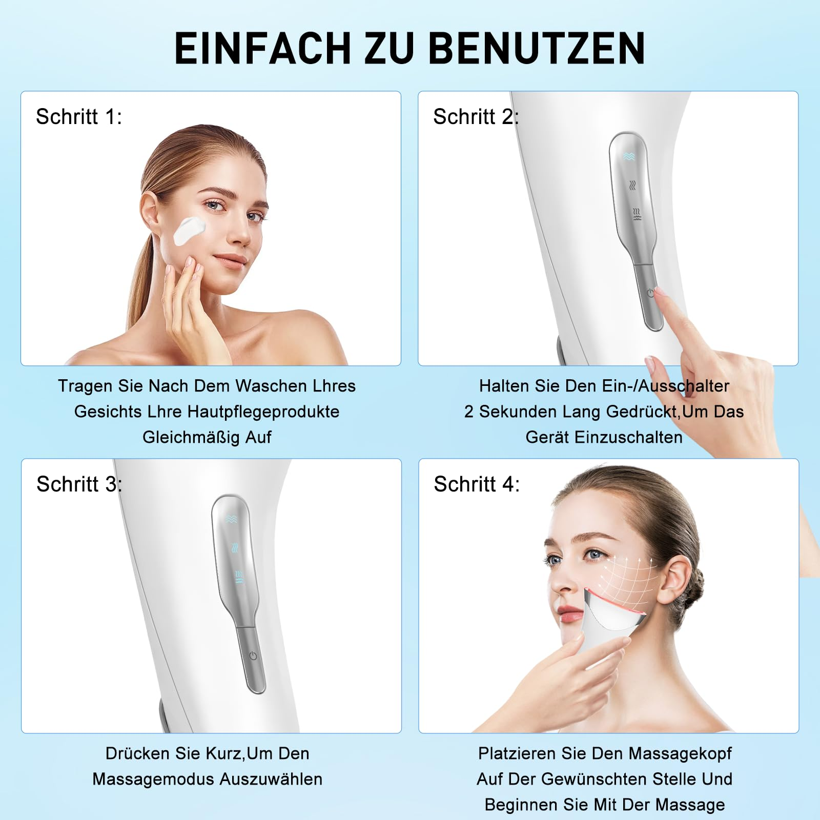 Schritt-für-Schritt-Anleitung zur Verwendung eines Gesichtsmassagegeräts, zeigt eine Frau, die Creme aufträgt.