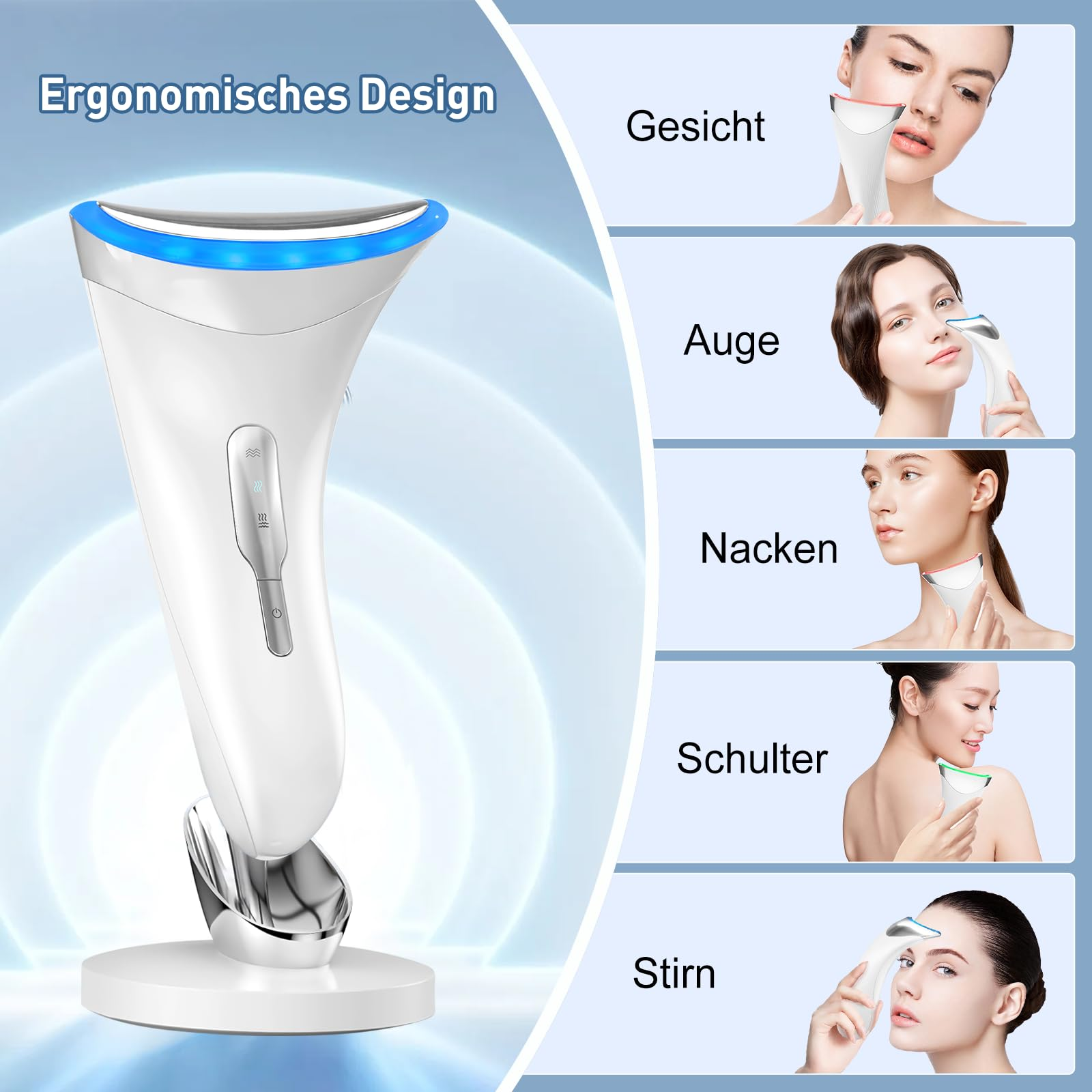 Ein weißes, ergonomisches Massagegerät auf einem Ständer mit Diagrammen, die die Anwendung auf Gesicht, Nacken, Schulter und Stirn zeigen.