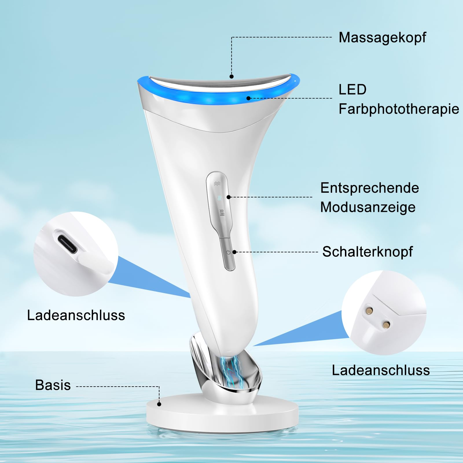 Ein weißes Schönheitsgerät mit blauem LED-Oberteil und beschrifteten Teilen, auf einem Ständer.
