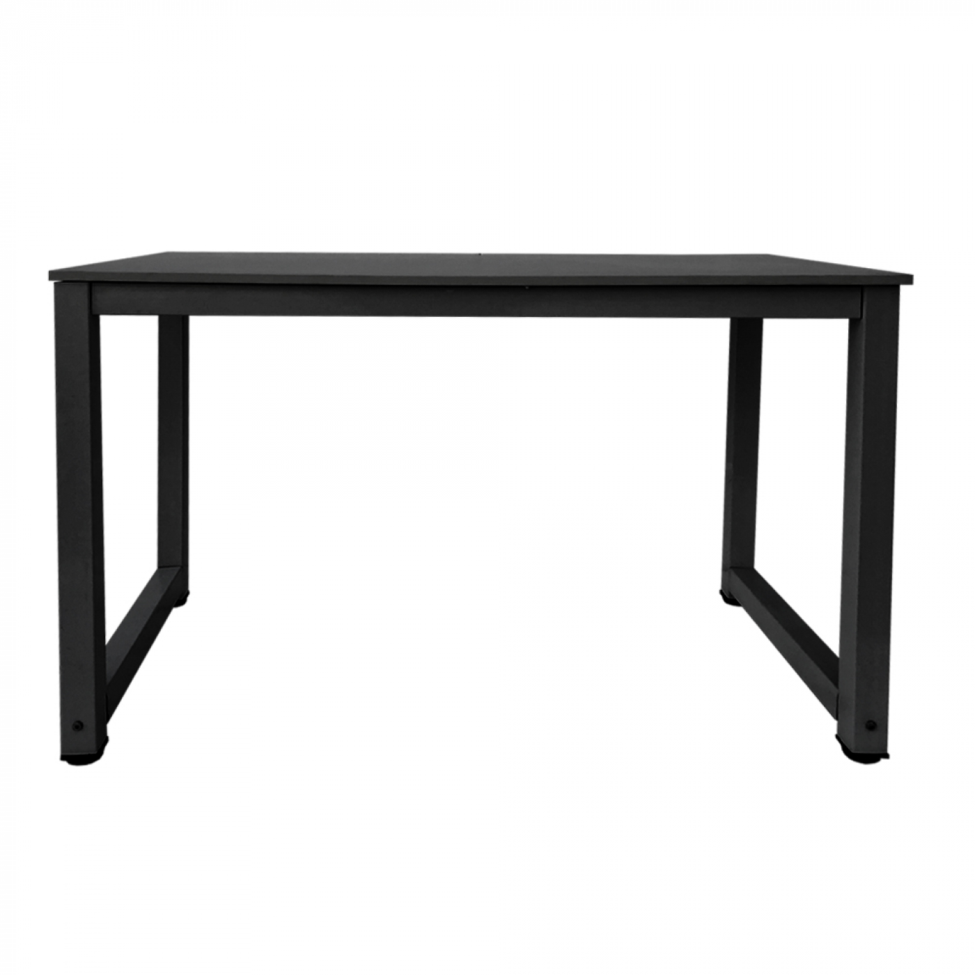Een zwarte rechthoekige tafel met zwarte poten. Witte achtergrond.