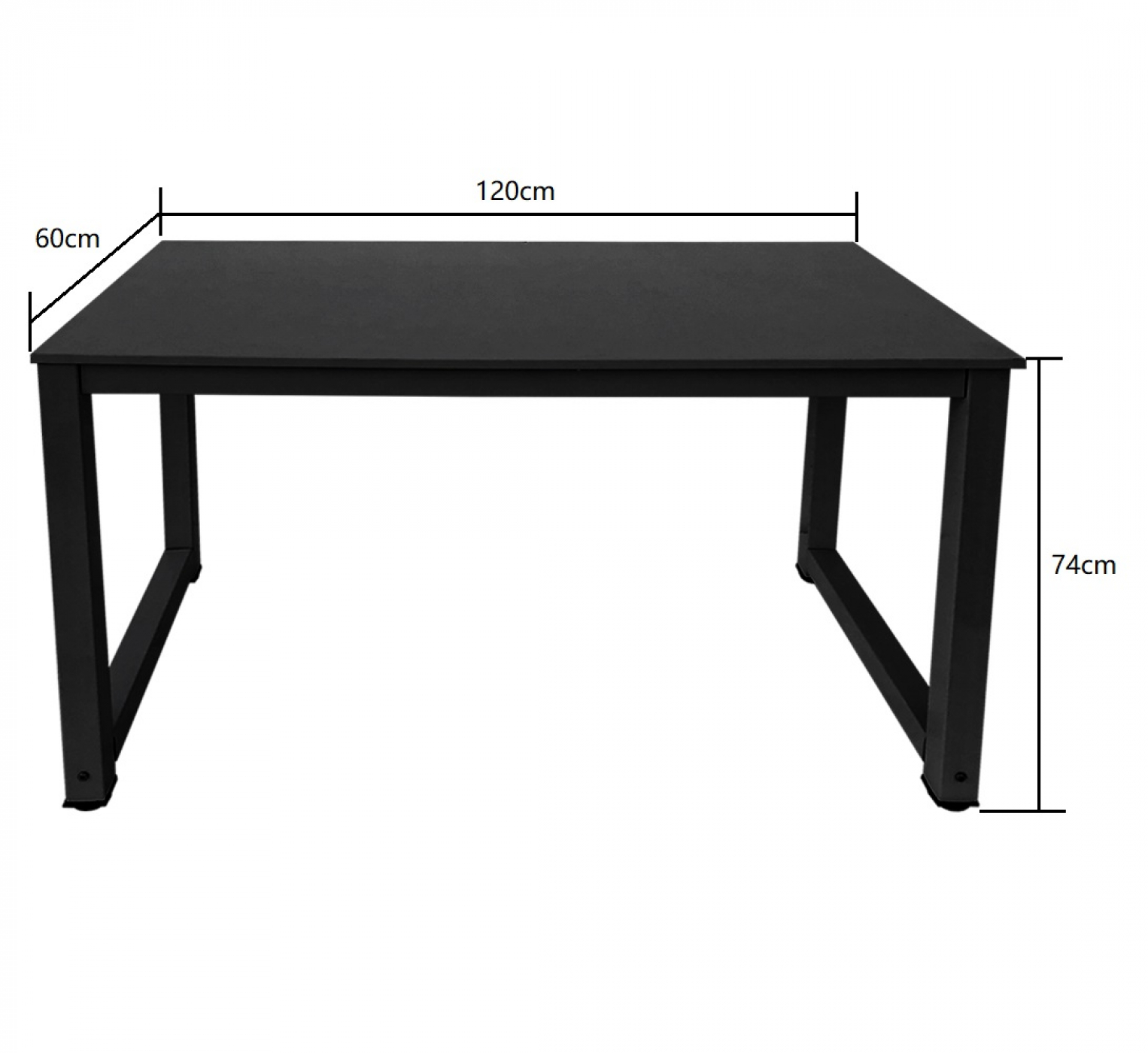 Zwarte tafel met afmetingen: 120 cm lang, 60 cm breed en 74 cm hoog. De tafel heeft een minimalistisch ontwerp.