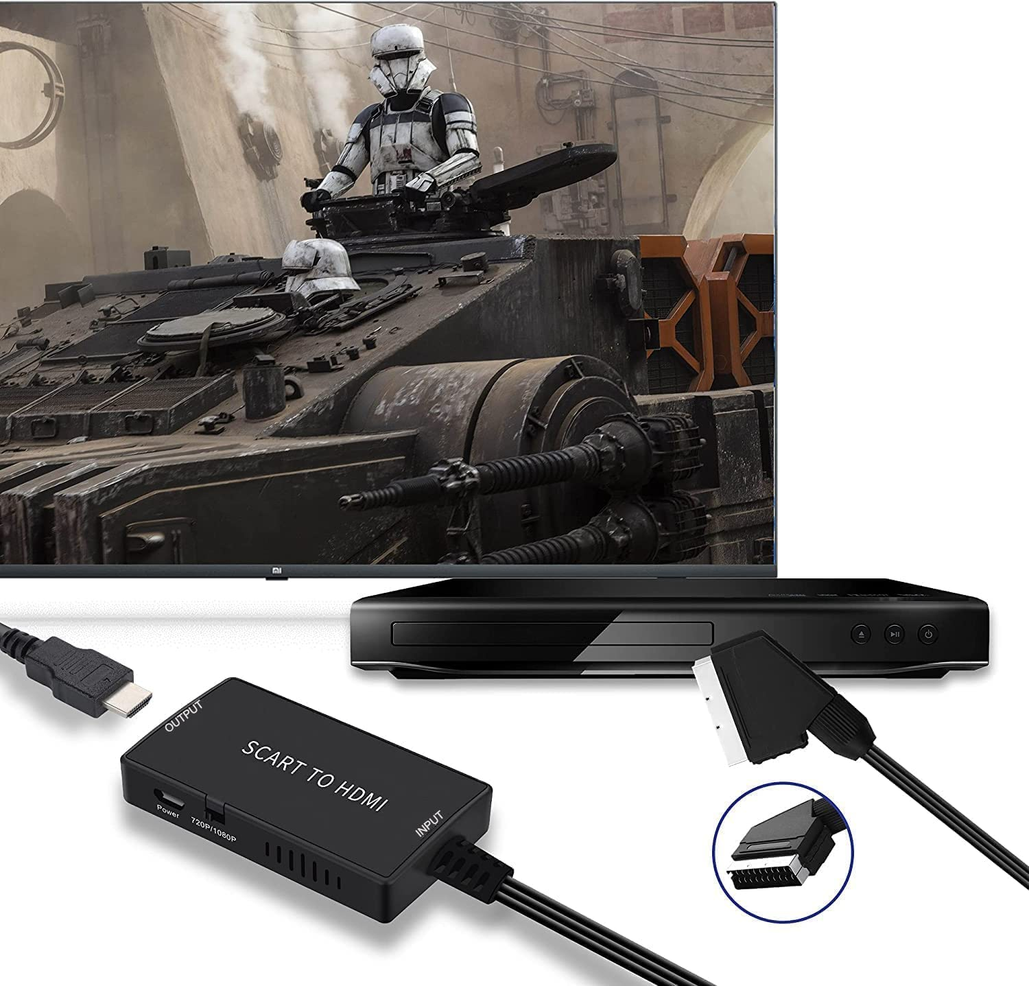 TV mit Star Wars-Szene, schwarzer DVD-Player, HDMI-Kabel, SCART-zu-HDMI-Adapter, Kabel.