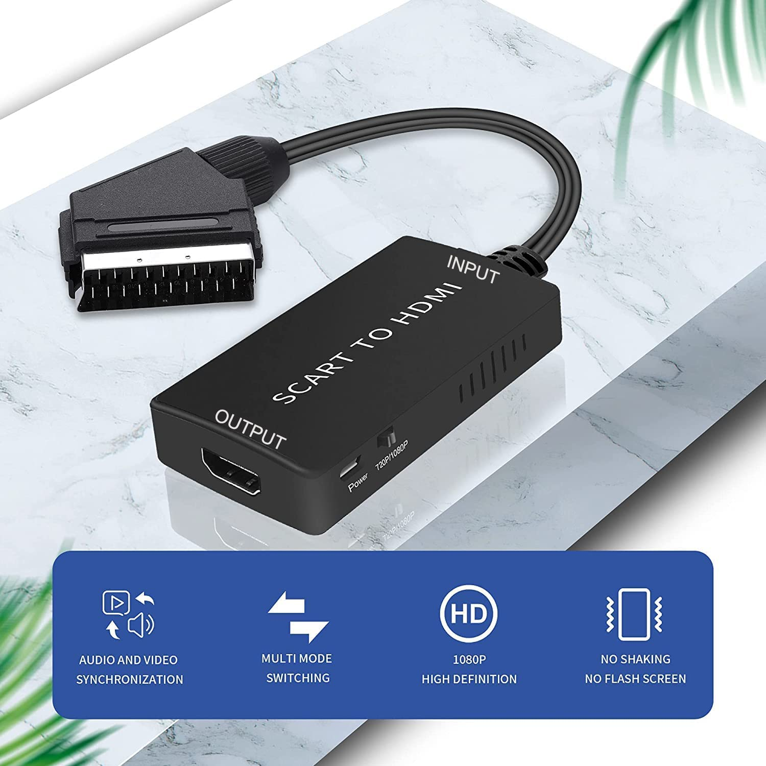 Schwarzer SCART-zu-HDMI-Adapter mit Kabel. Text: SCART zu HDMI, Eingang, Ausgang, Strom und 4 Symbole.