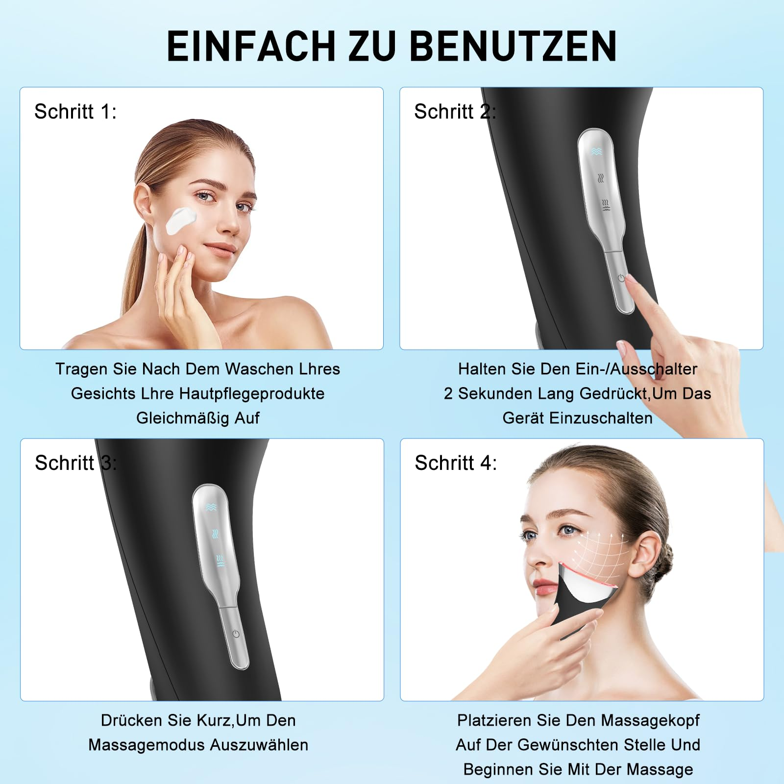 Schritte zur Verwendung eines Gesichtsmassagegeräts.