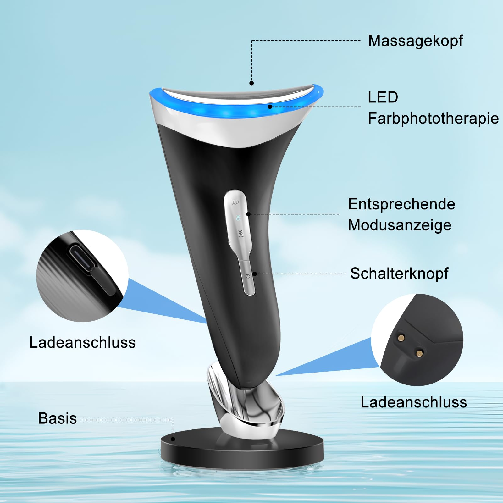 Ein schwarzes und silbernes Gesichtsgerät mit blauen Lichtern. Merkmale werden mit Etiketten hervorgehoben.