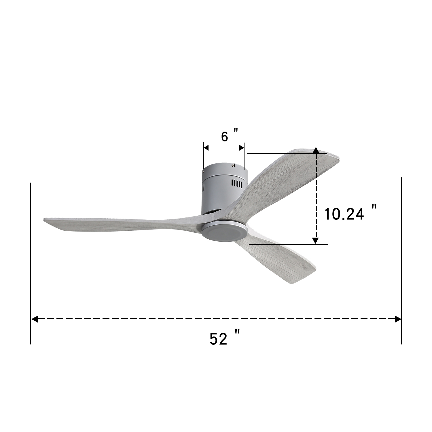 Deckenventilator mit 3 Blättern. Graue Oberfläche. Abmessungen: 52" Breite, 10,24" Klingenlänge.