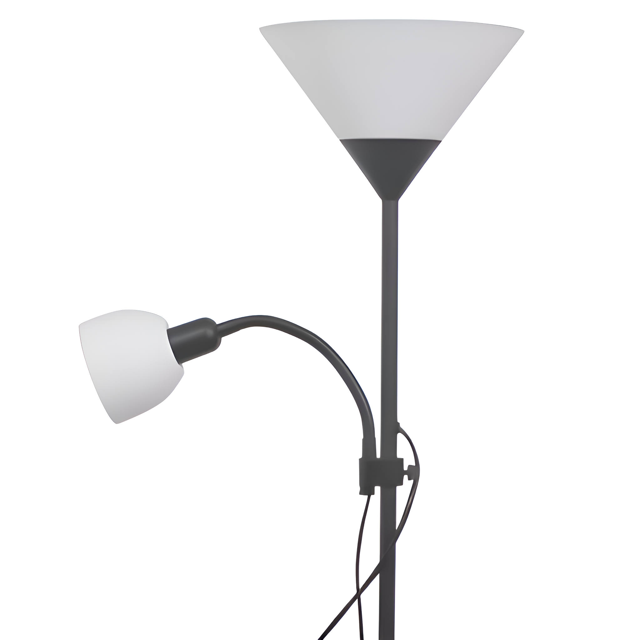 Eine hohe Stehlampe mit zwei Lichtern, eines nach oben und das andere nach unten gerichtet. Ein weißer Hintergrund ist dahinter.