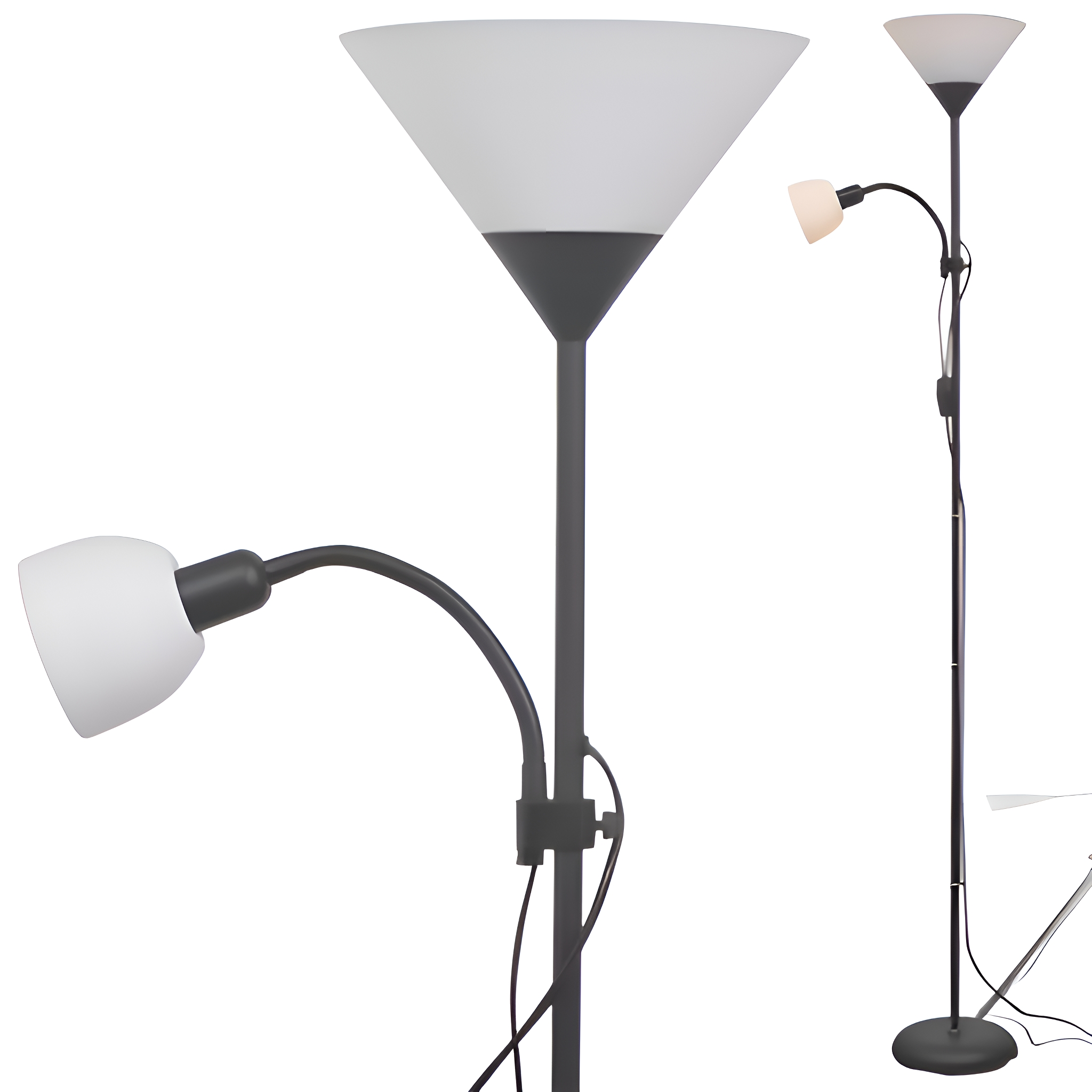 Drei Stehlampen mit weißen Schirmen und schwarzem Gestell vor weißem Hintergrund.